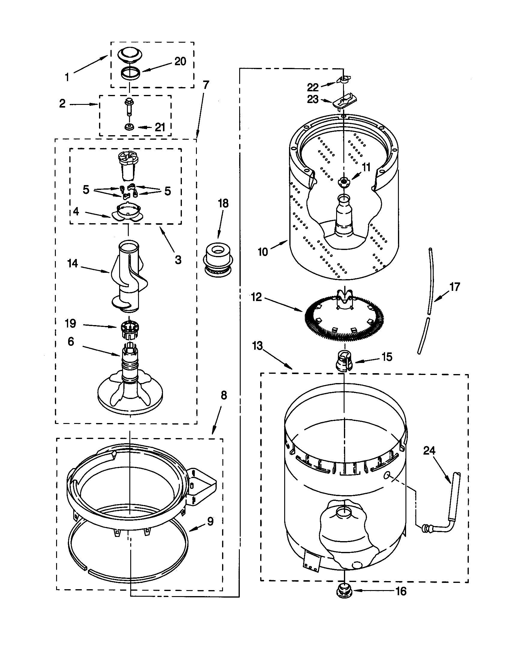 Agitator, basket and tub