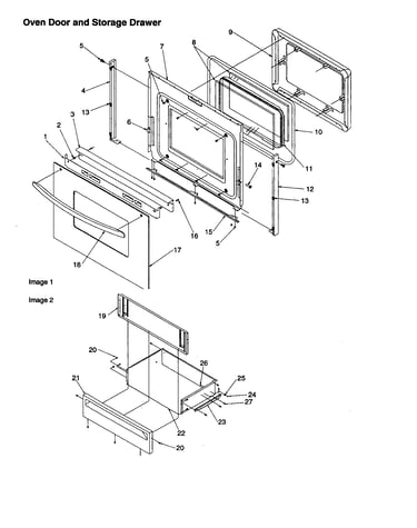 Oven door and storage drawer