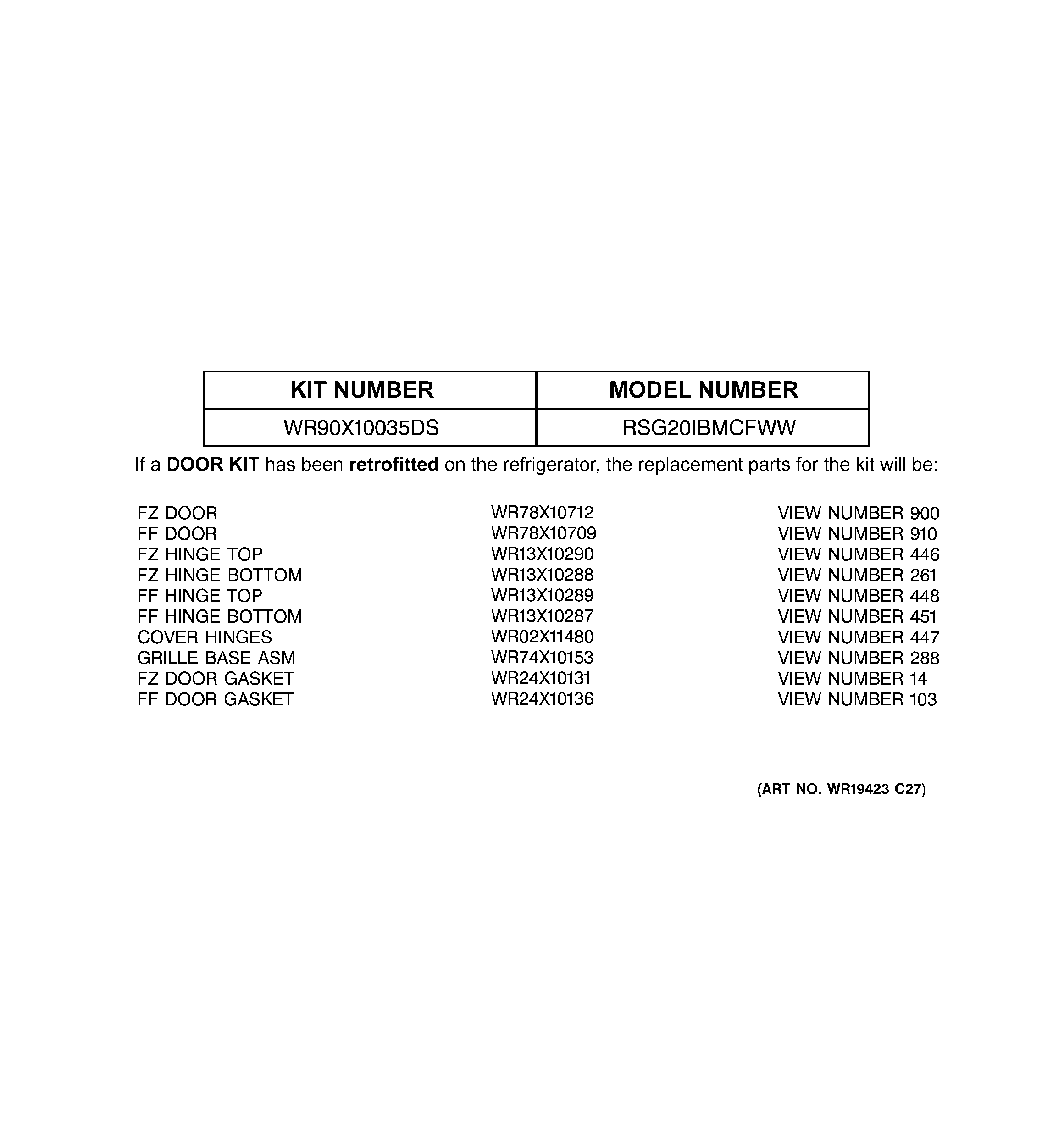 Replacement parts list