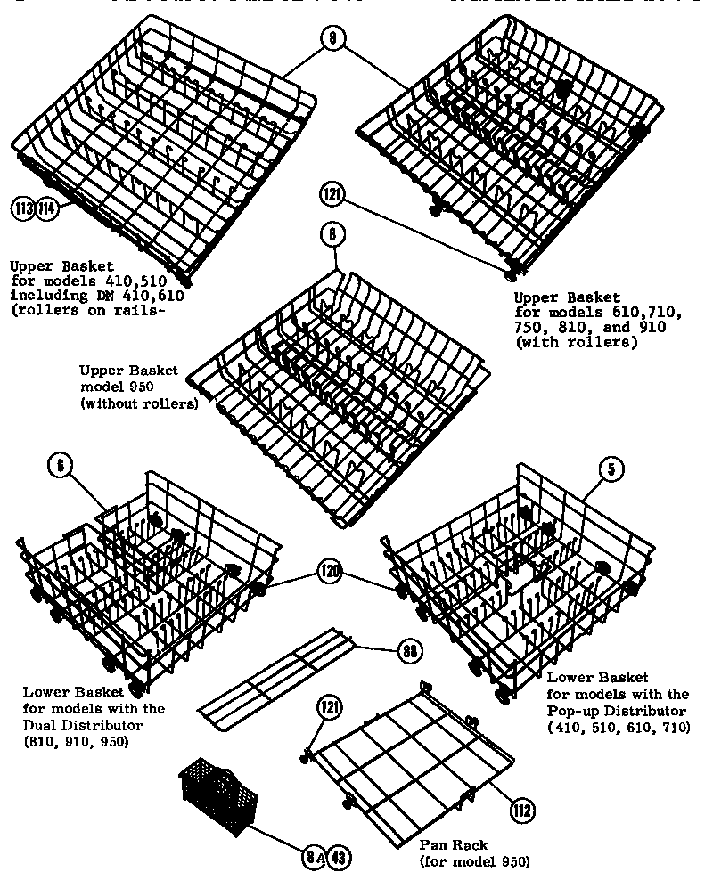 BASKET ASSEMBLIES (CP410) (CP510) (CP610) (CP710) (CP750) (CP910) (CP950) (DN410) (DN610) (DO810) (DP410) (DP610) (DU410) (DU610) (DU810) (SP510) (SP710) (SP750) (SP910) (SP950) (SS510) (SS710) (SS750) (SS910)