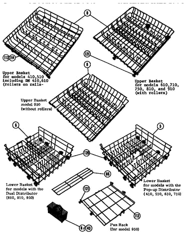 Basket assemblies (cp410) (cp510) (cp610) (cp710) (cp750) (cp910) (cp950) (dn410) (dn610) (do810) (dp410) (dp610) (du410) (du610) (du810) (sp510) (sp710) (sp750) (sp910) (sp950) (ss510) (ss710) (ss750) (ss910)