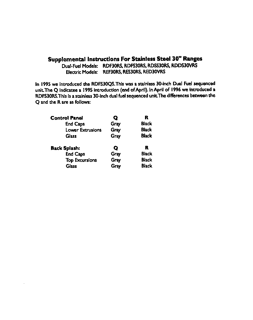 SUPPLEMENTAL INSTRUCTIONS FOR S/S 30" RANGES