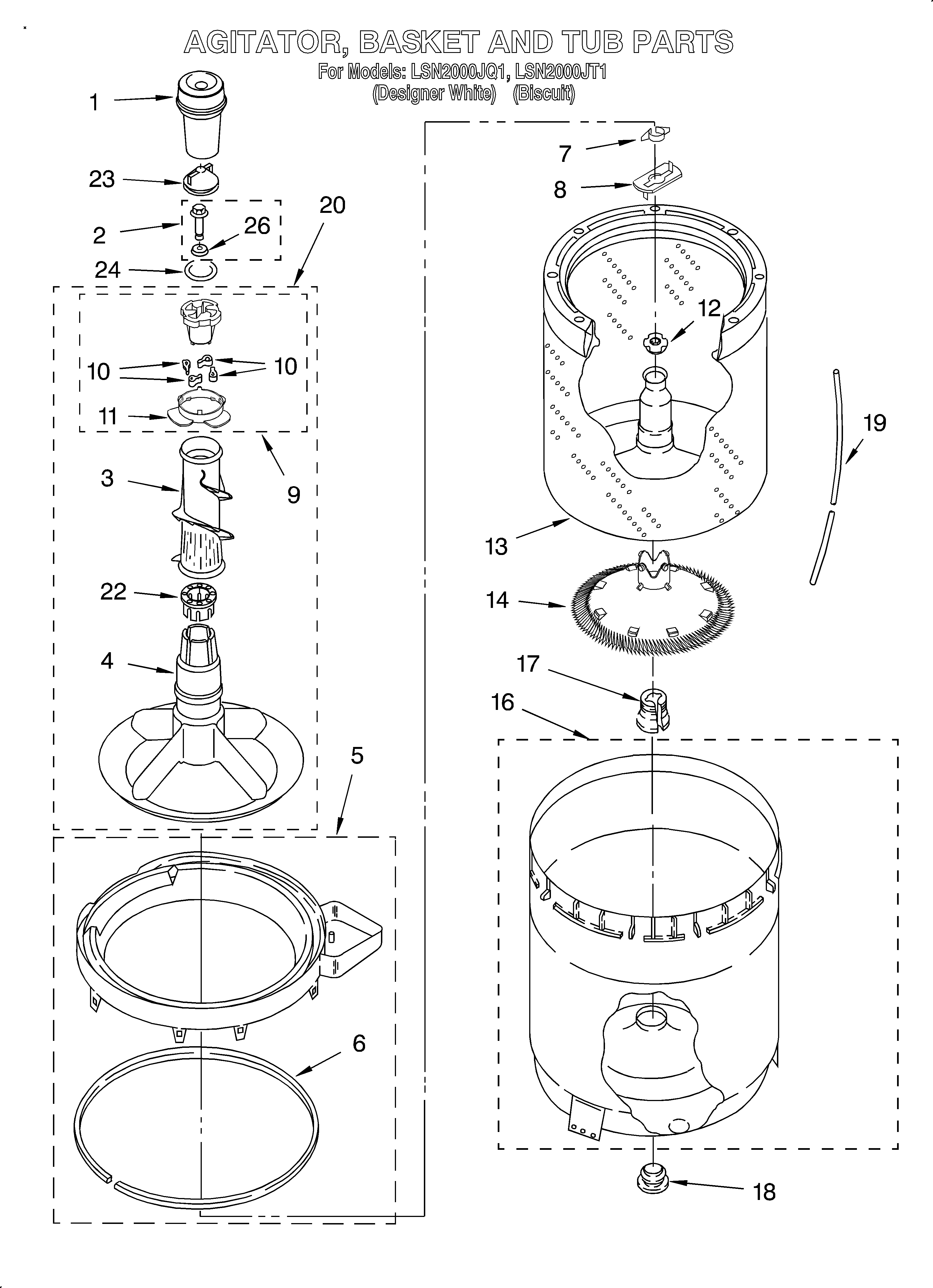 Agitator, basket and tub