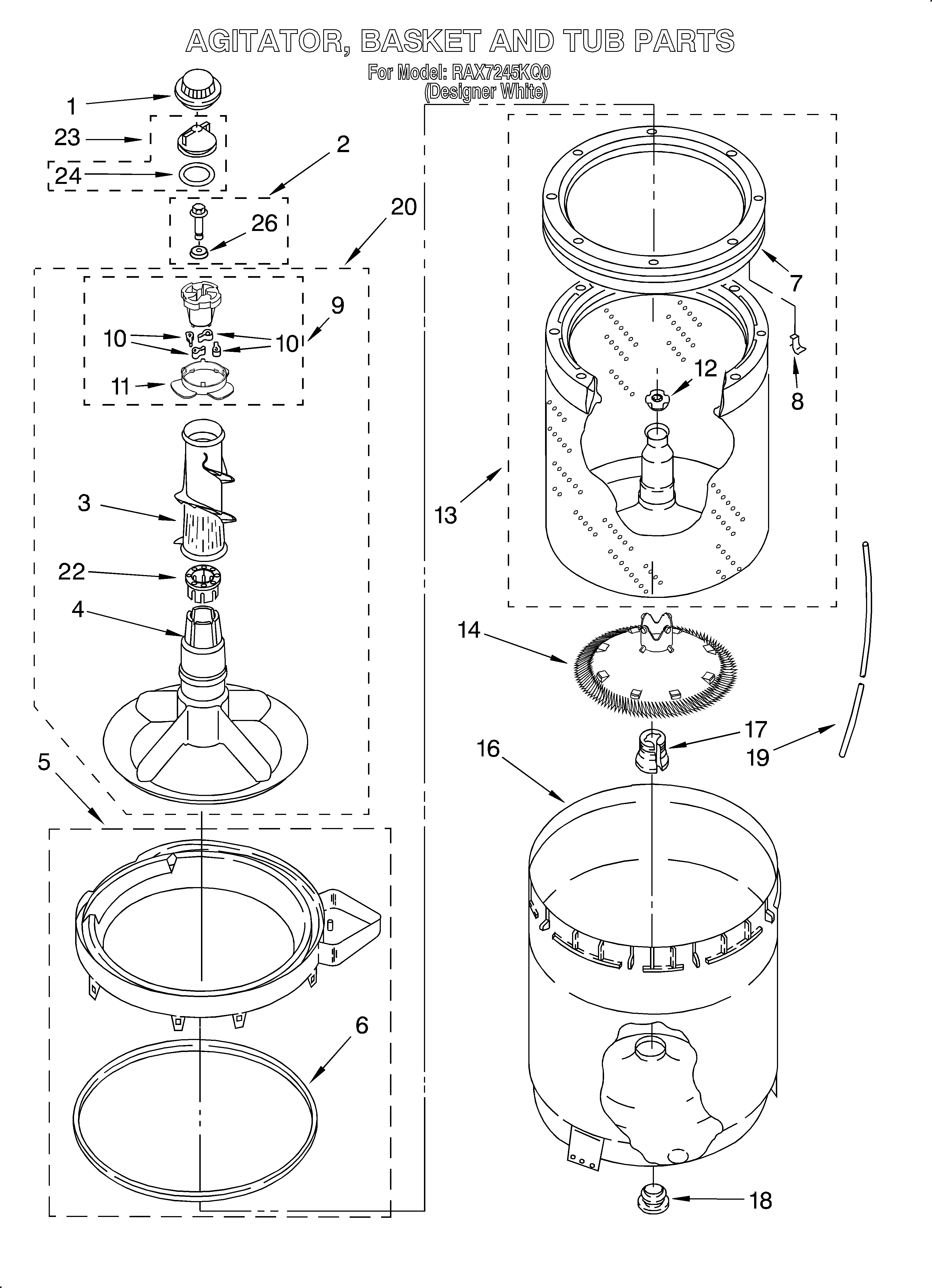 Agitator, basket and tub