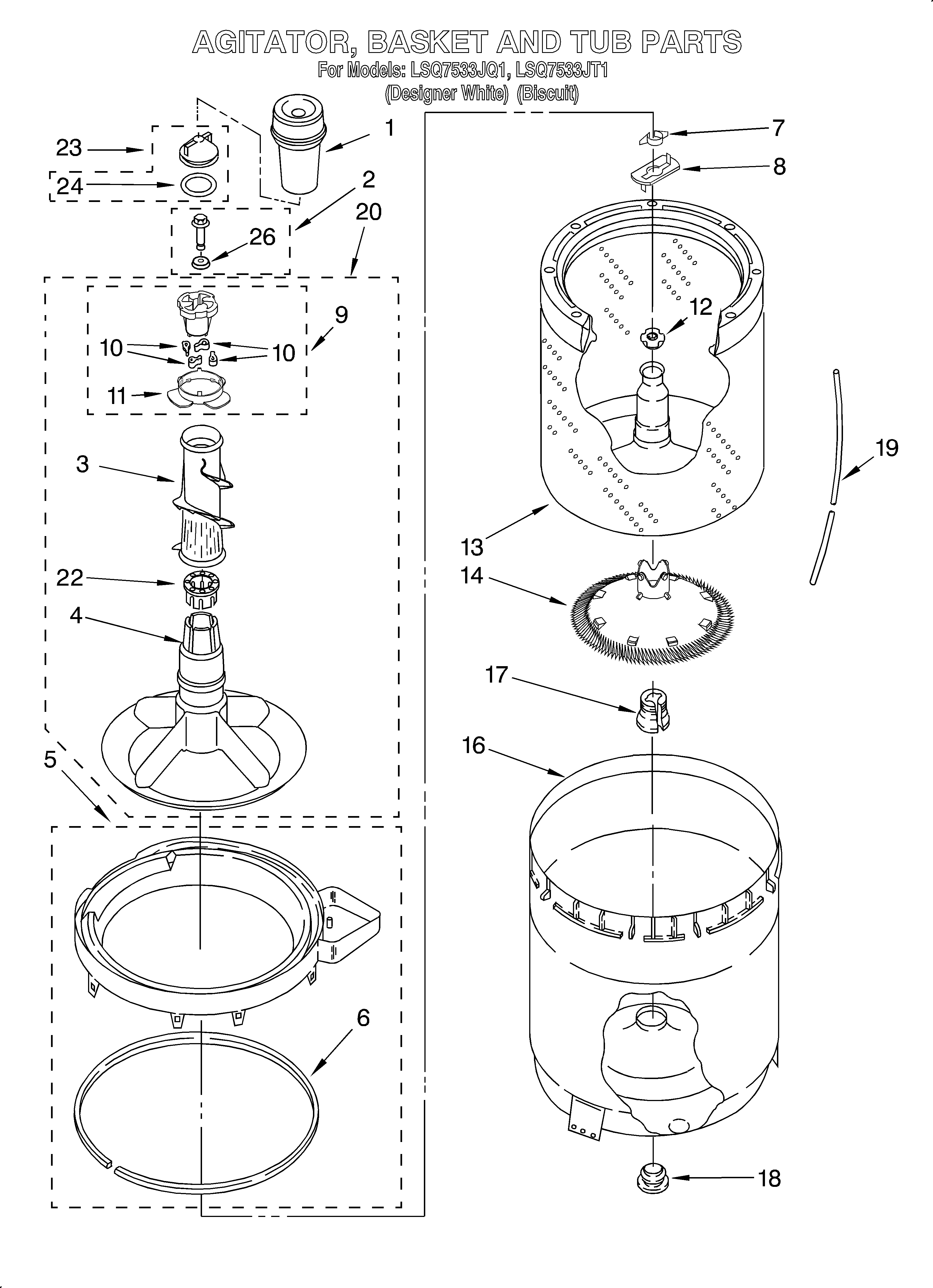 Agitator, basket and tub