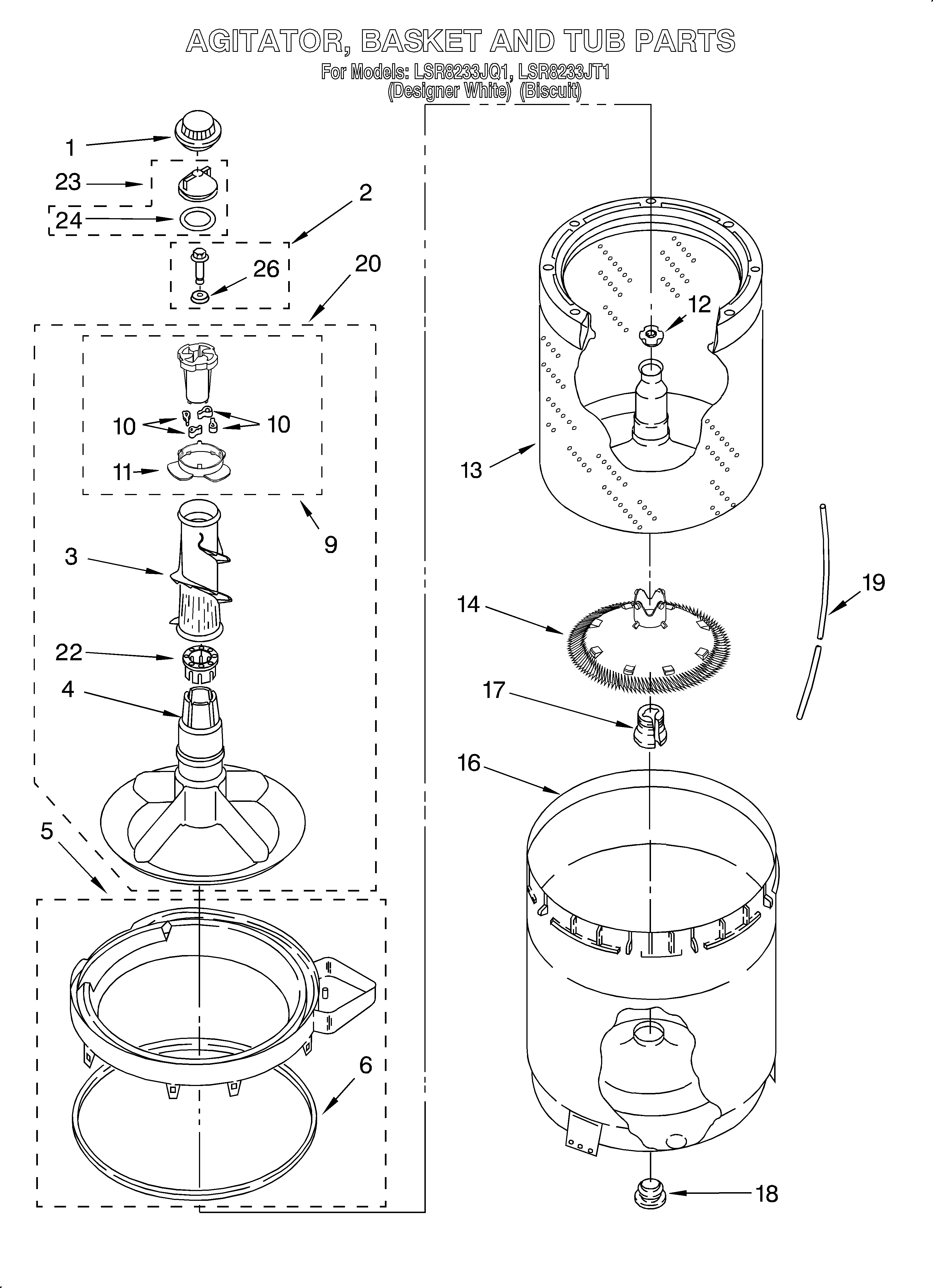 Agitator, basket and tub
