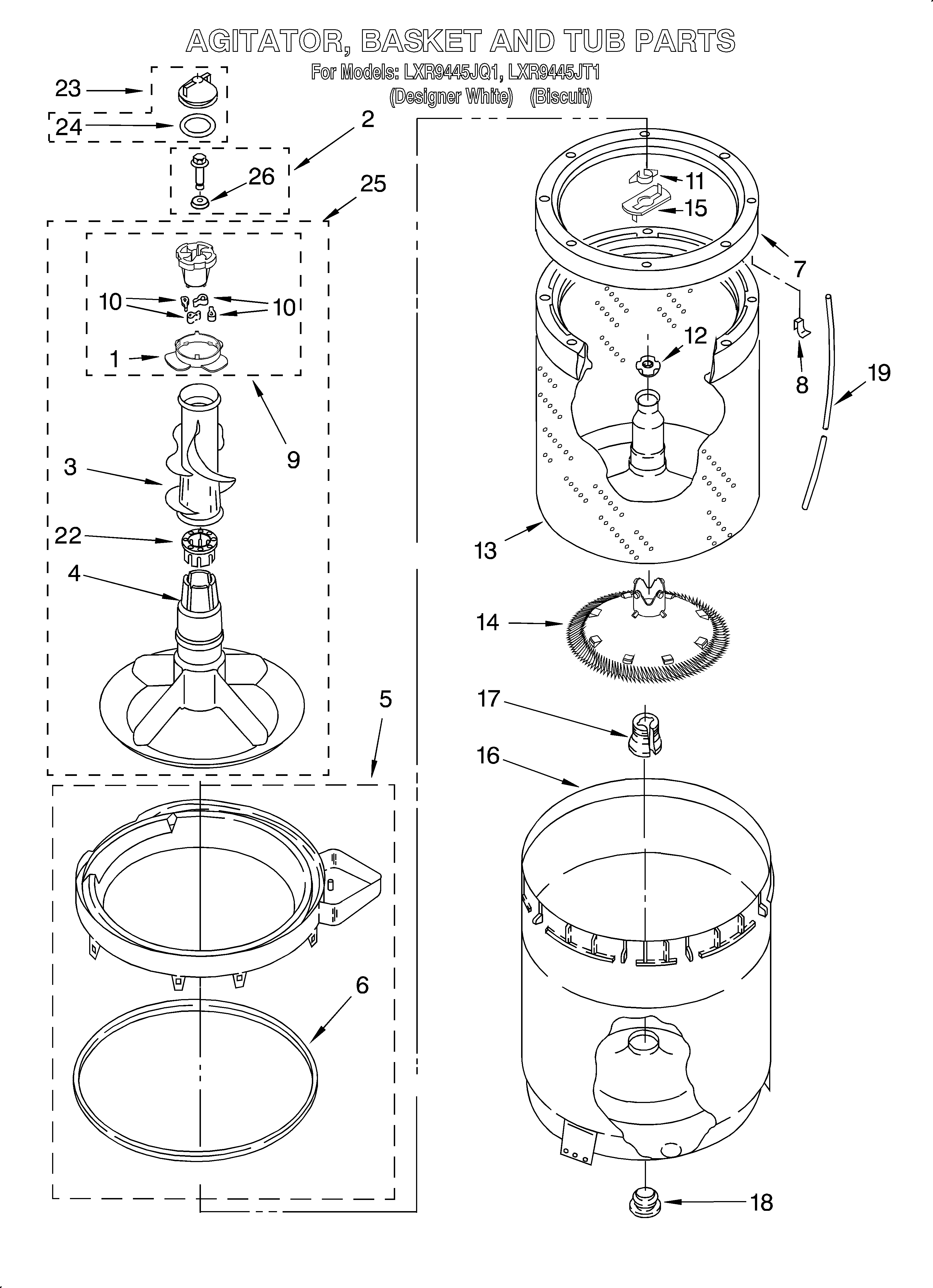 Agitator, basket, and tub