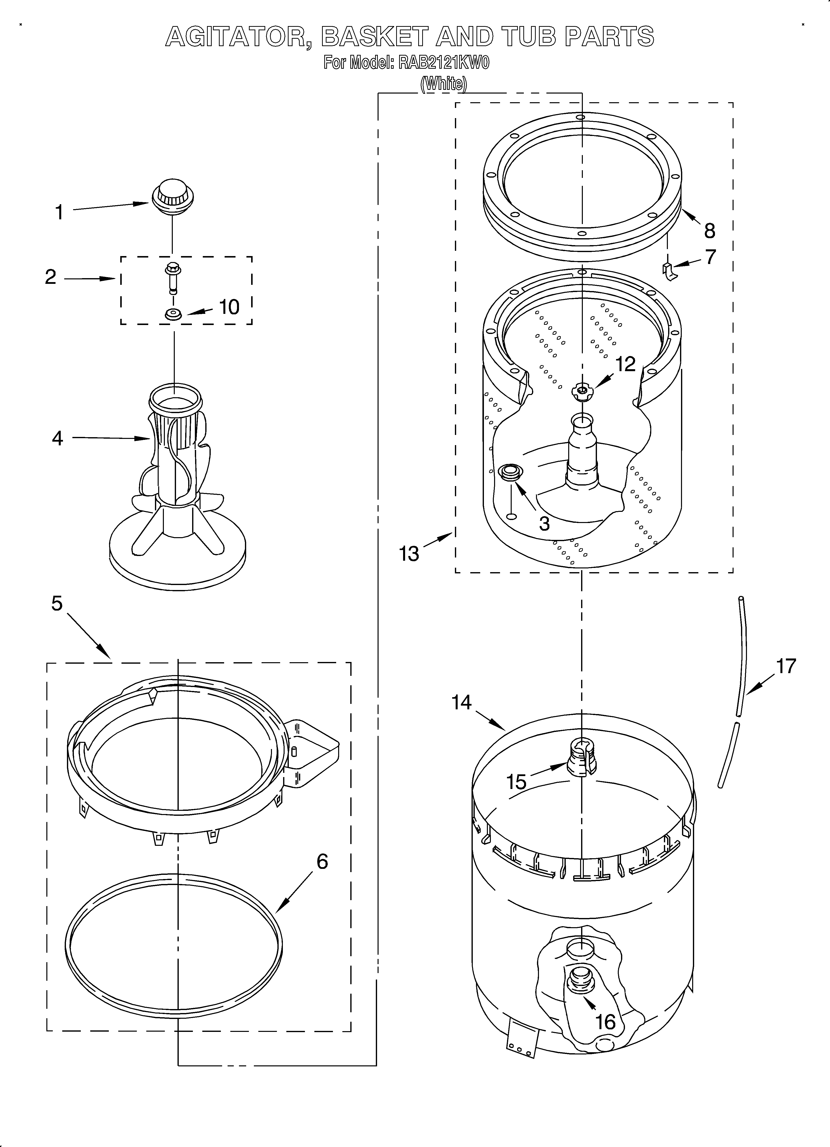 Agitator, basket, and tub