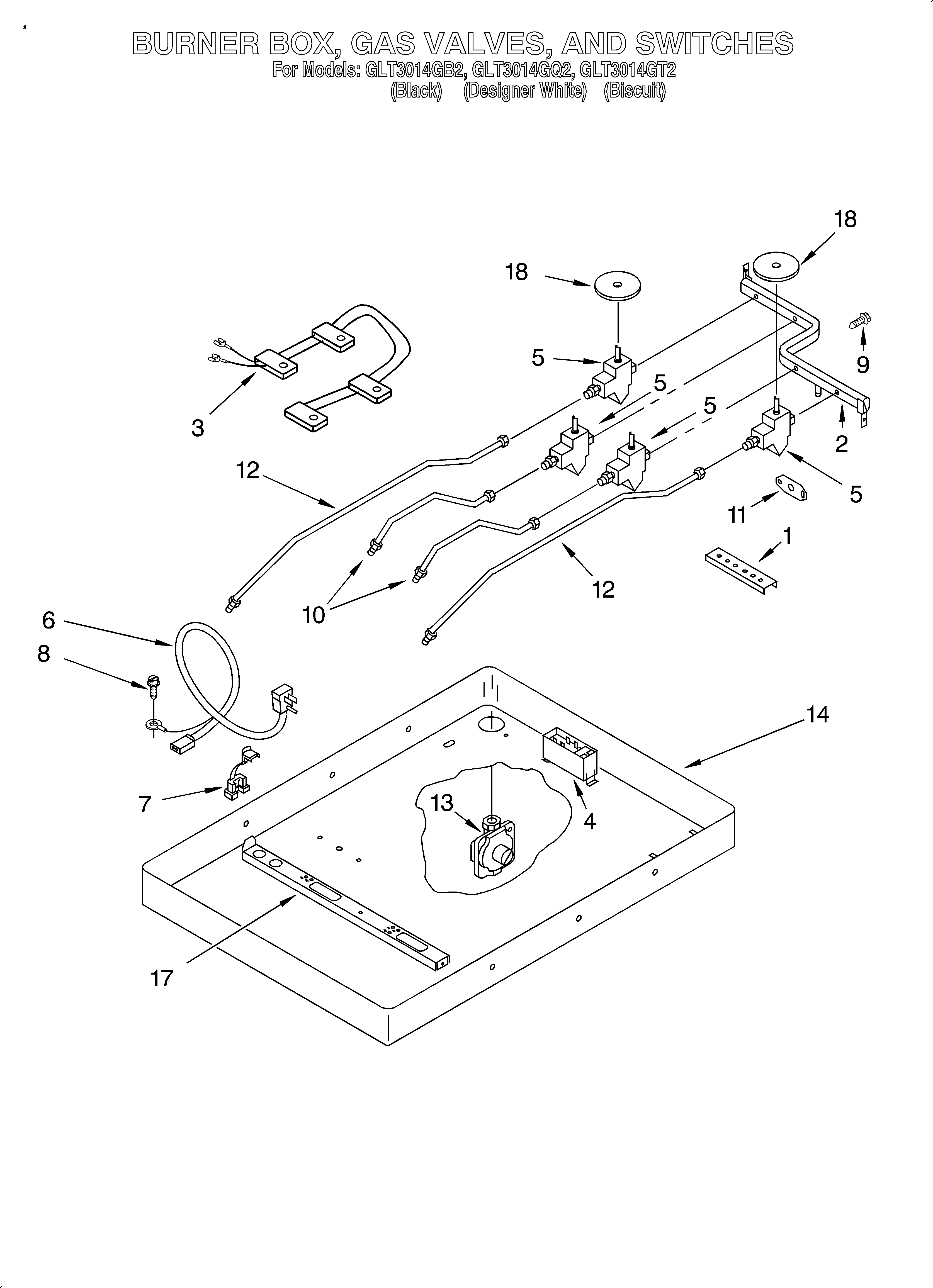 Burner box, gas valves, switches