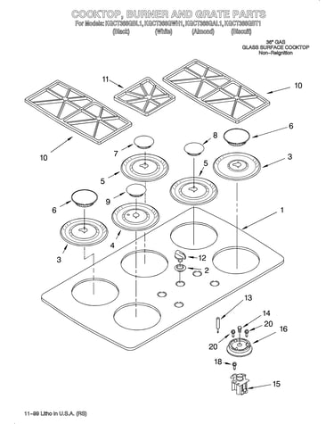Cooktop, burner and grate