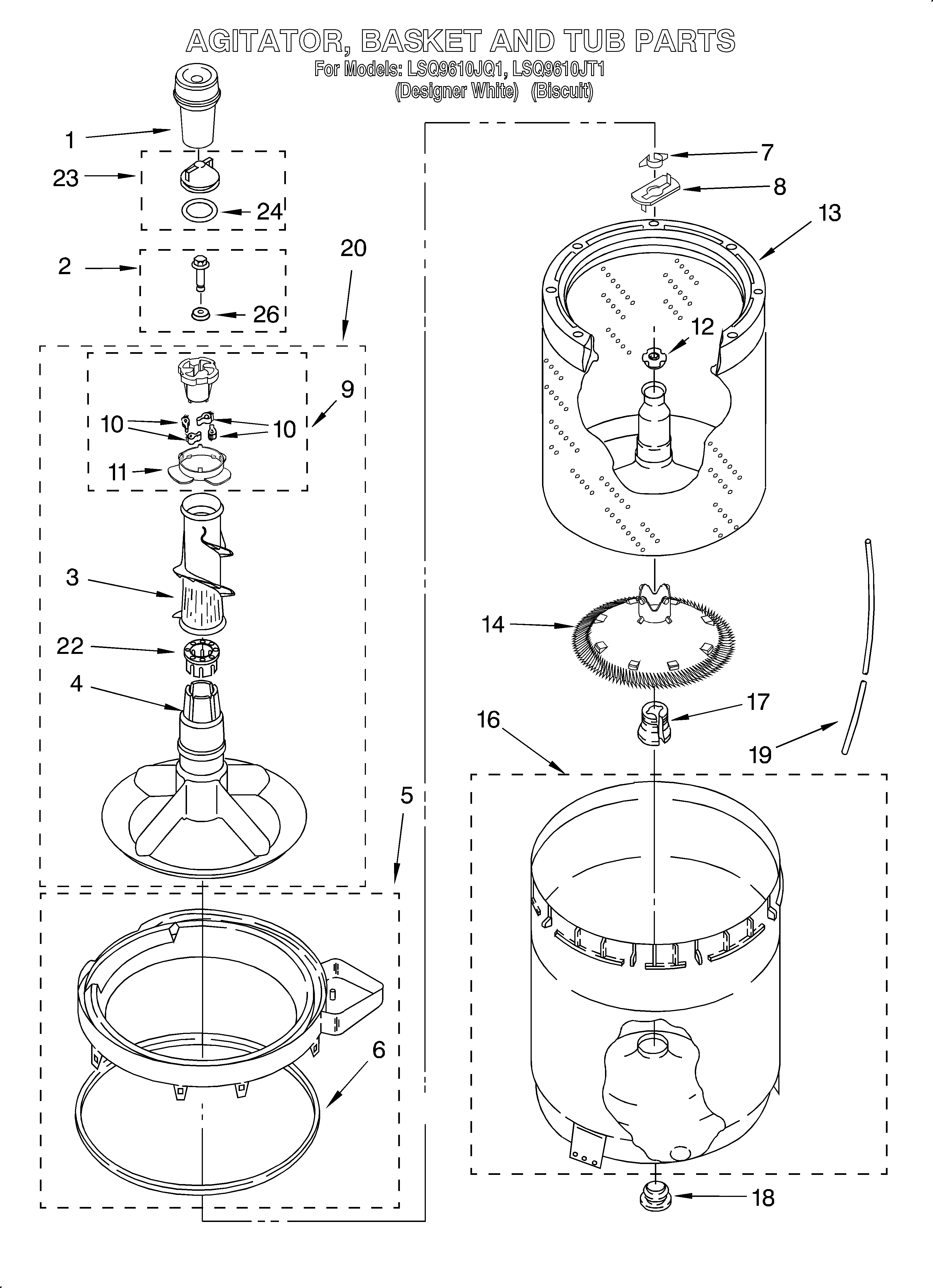 Agitator, basket and tub