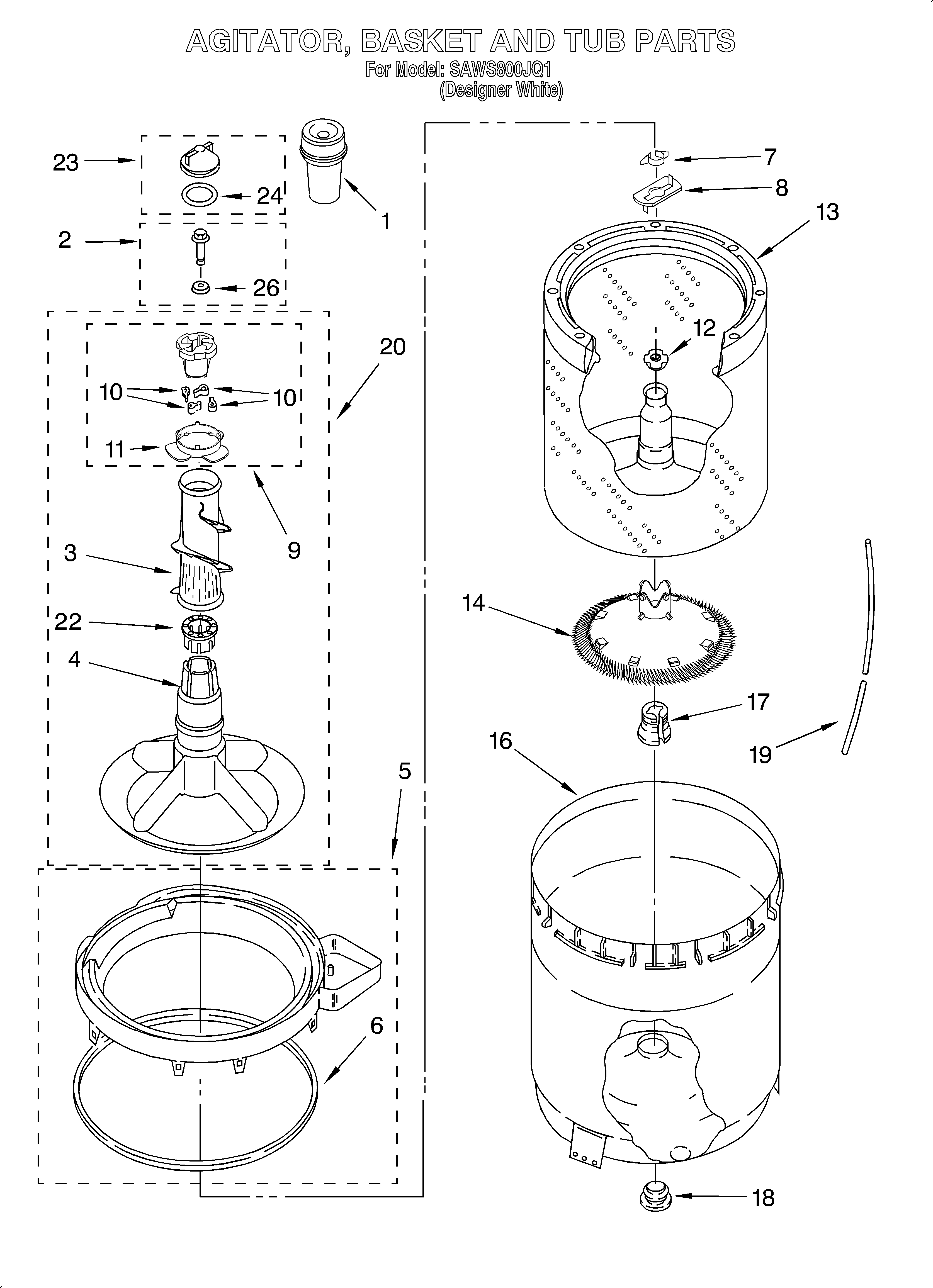 AGITATOR, BASKET AND TUB