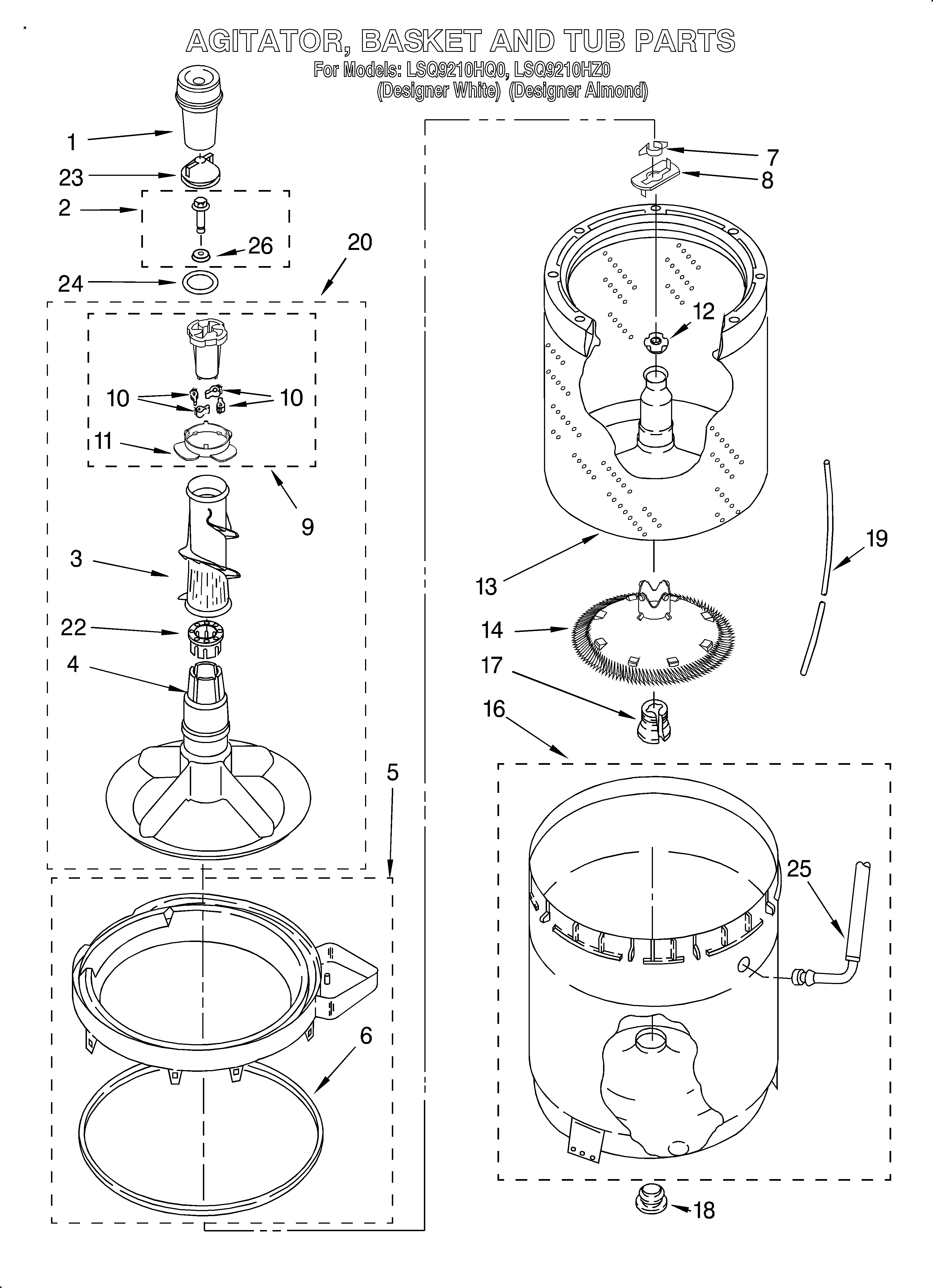 Agitator, basket, and tub