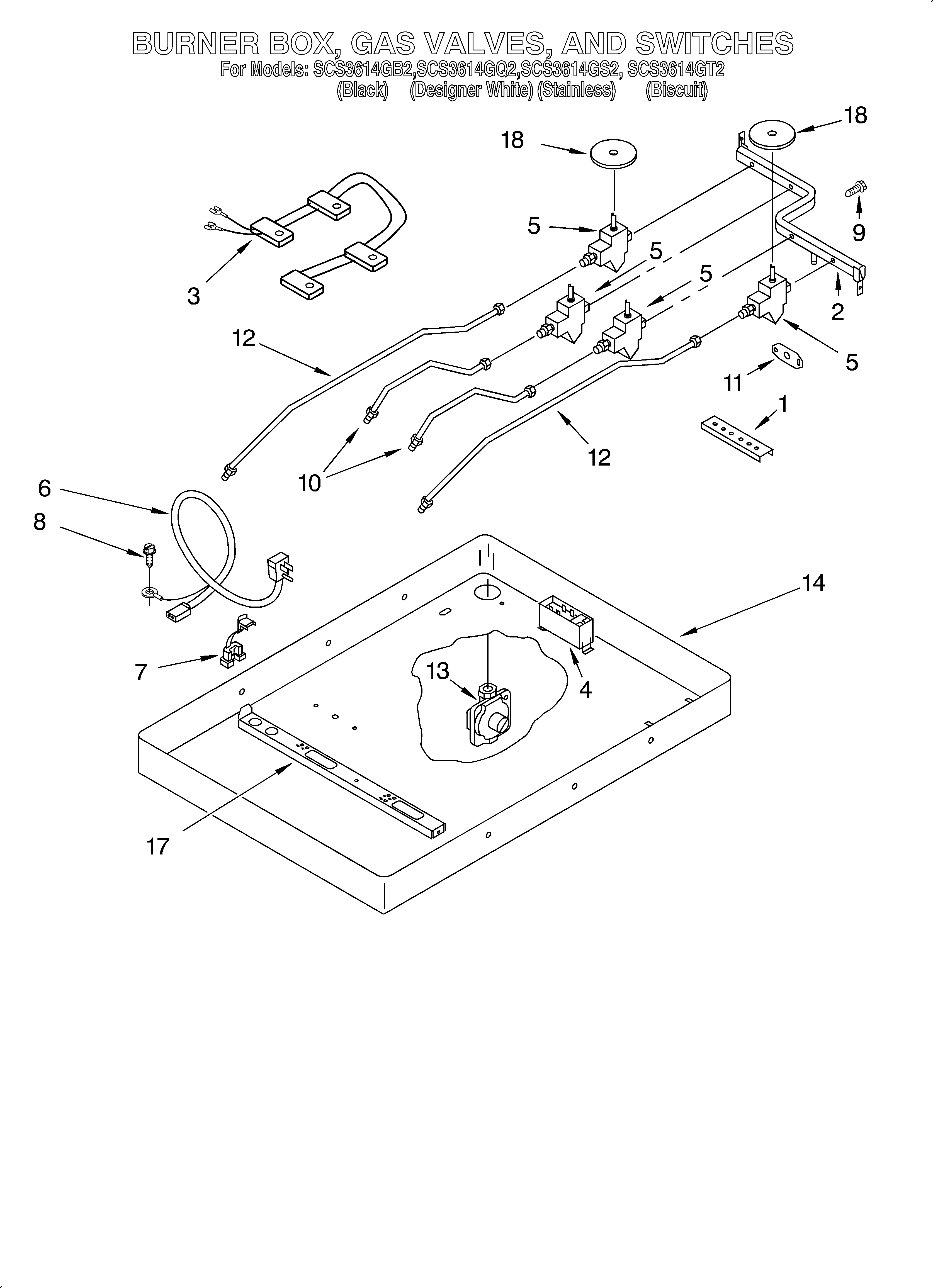 Burner box, gas valves and switches