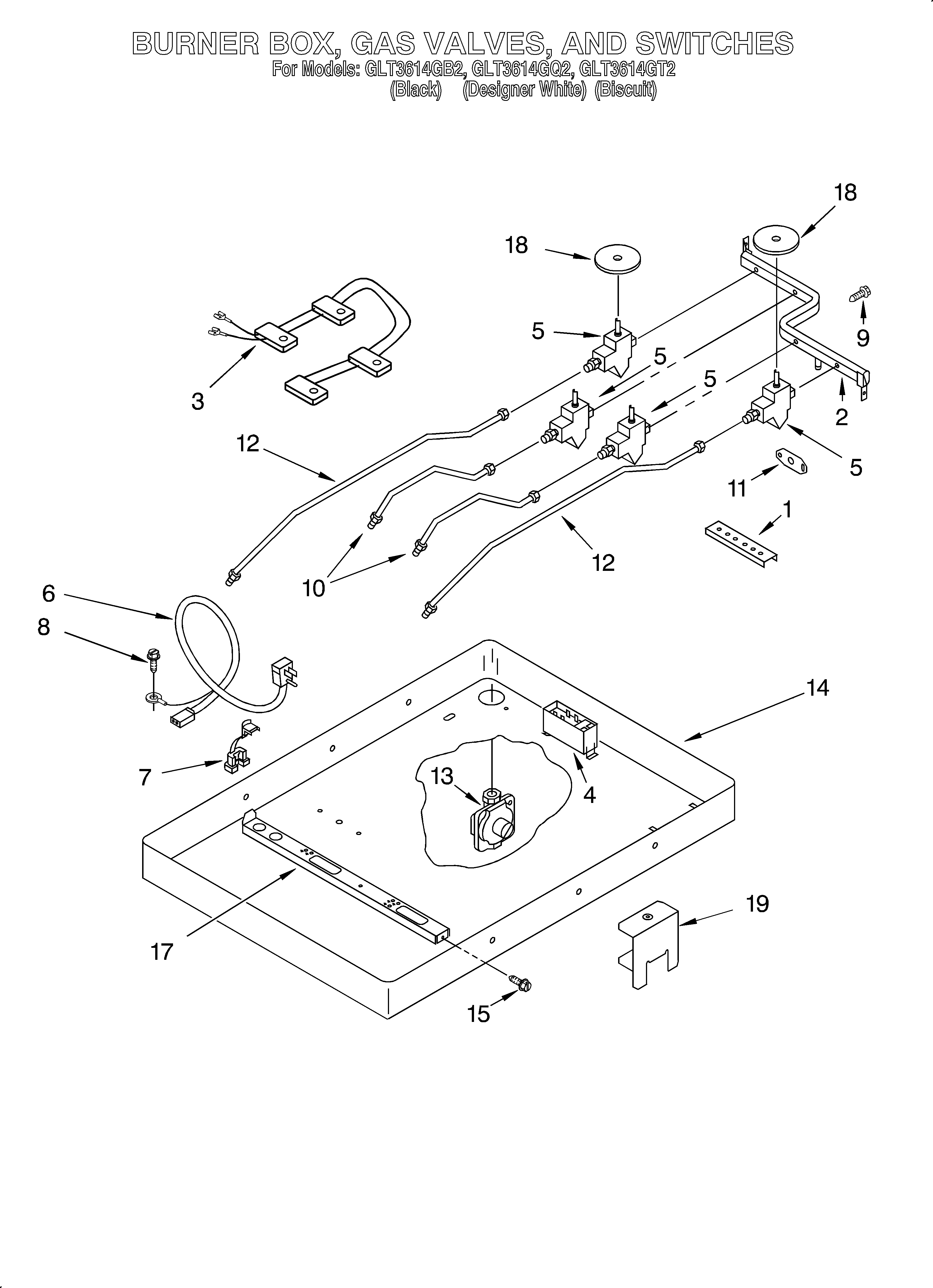 Burner box, gas valves and switches
