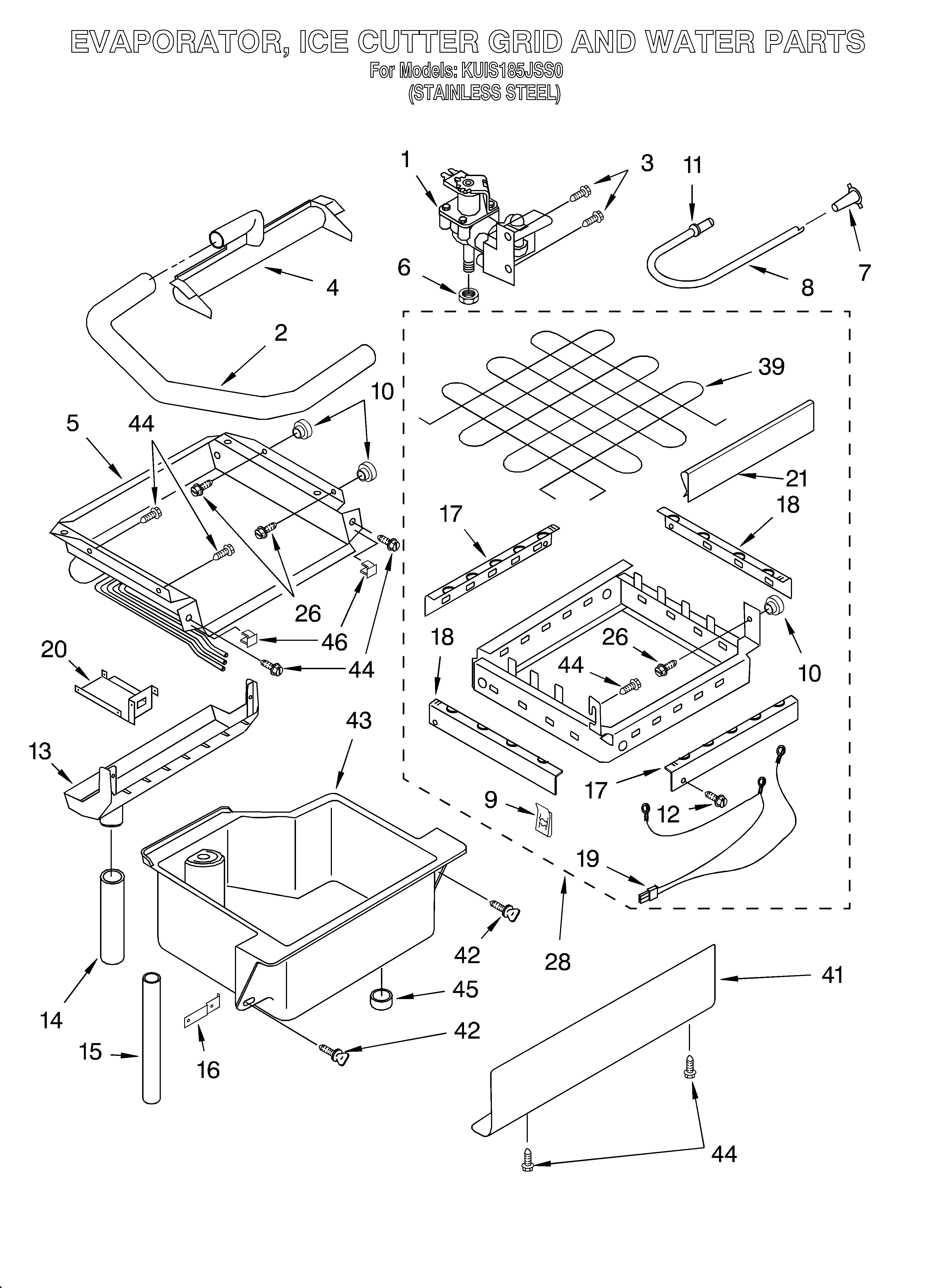 Evaporator, ice cutter grid and water