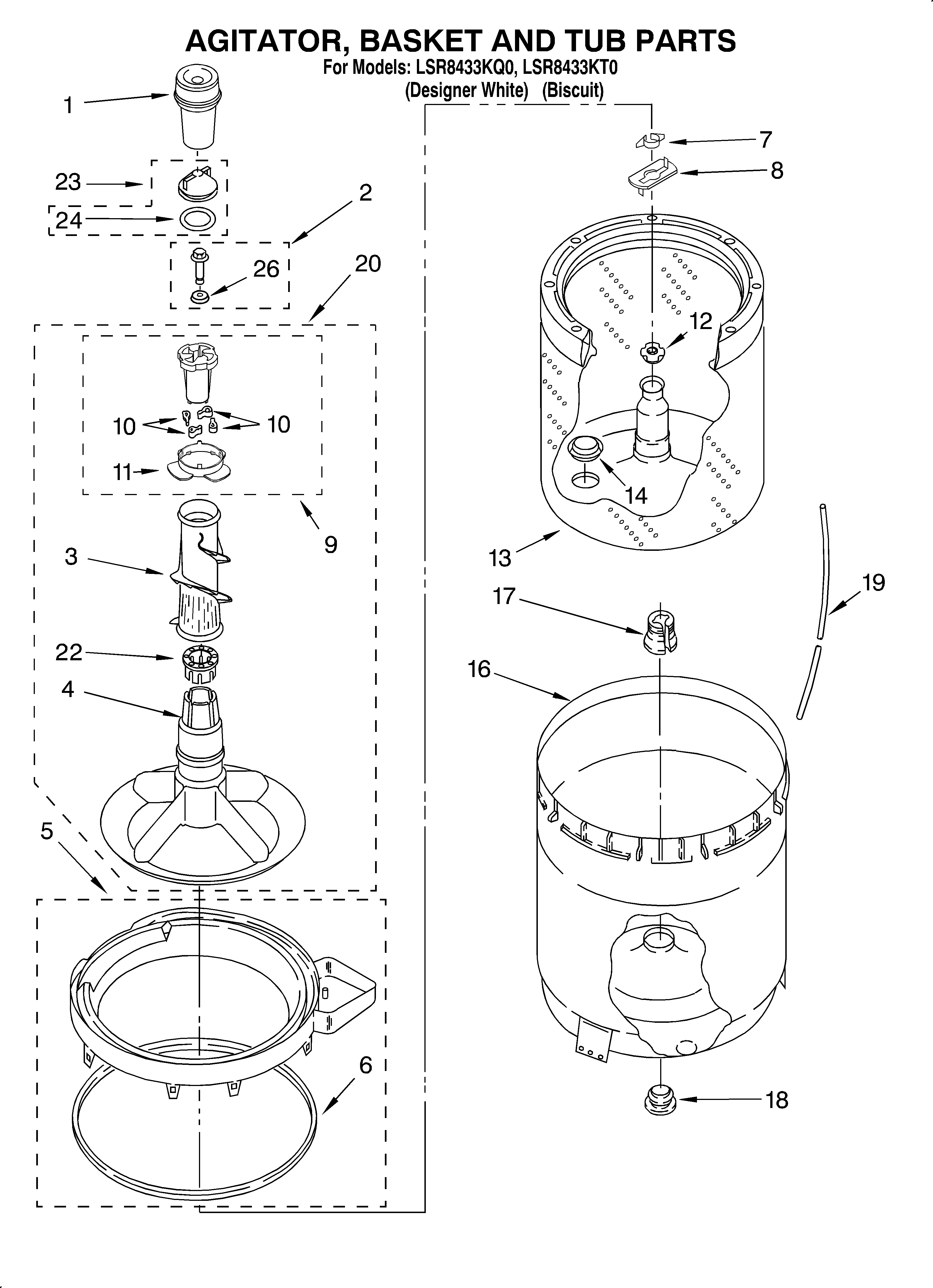 AGITATOR, BASKET AND TUB