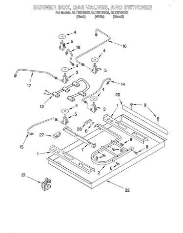 Burner box, gas valves, switches