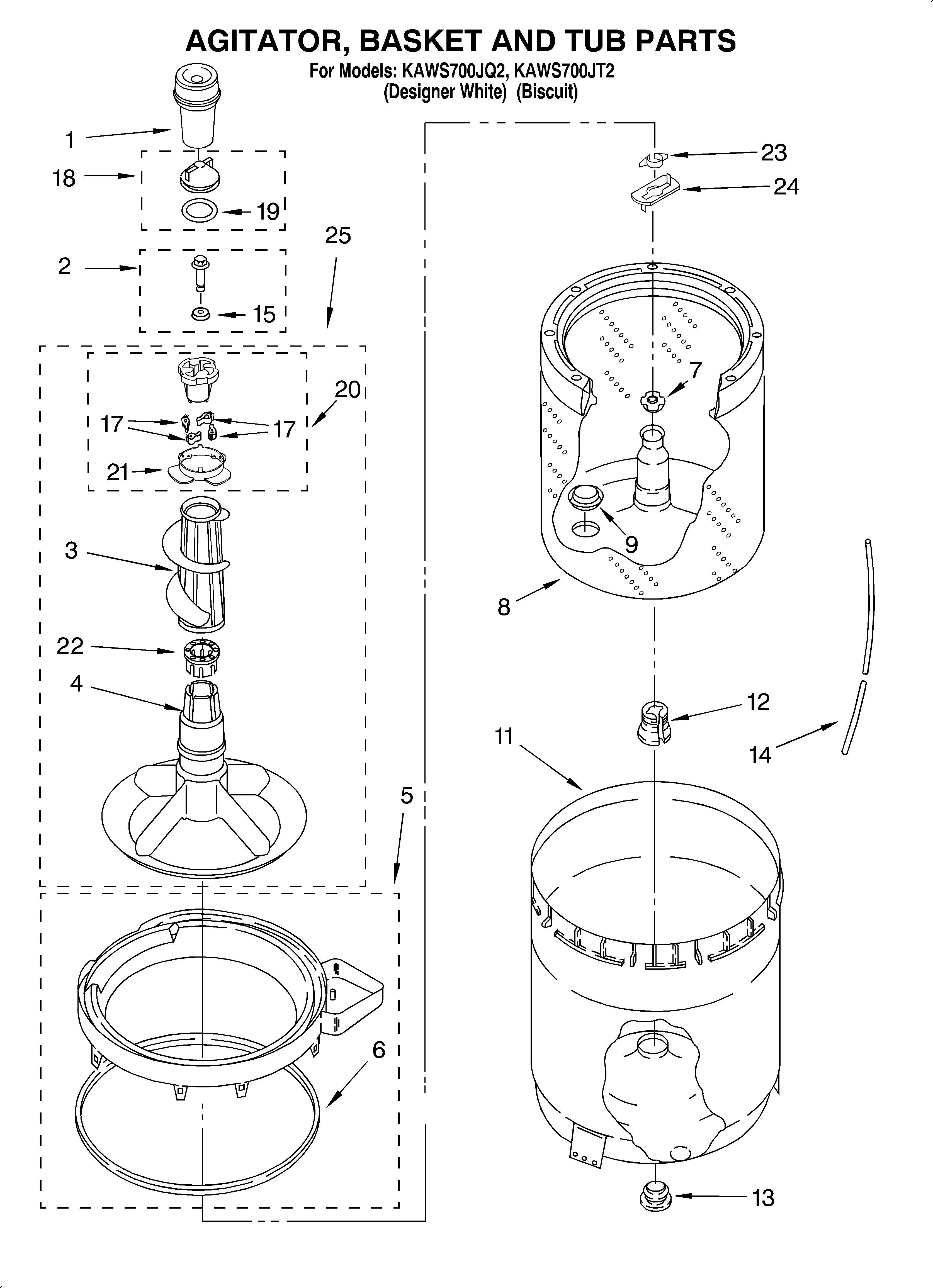 Agitator, basket and tub