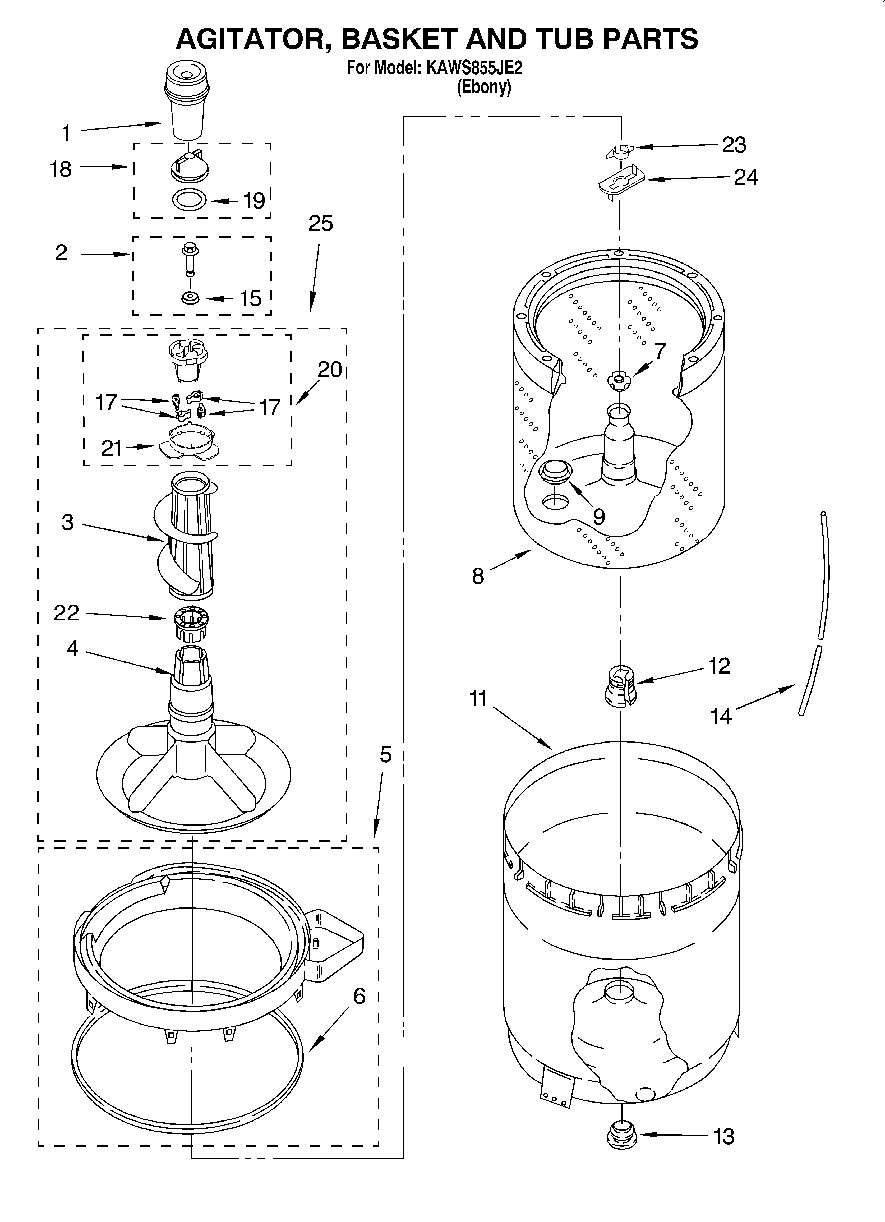 Agitator, basket and tub