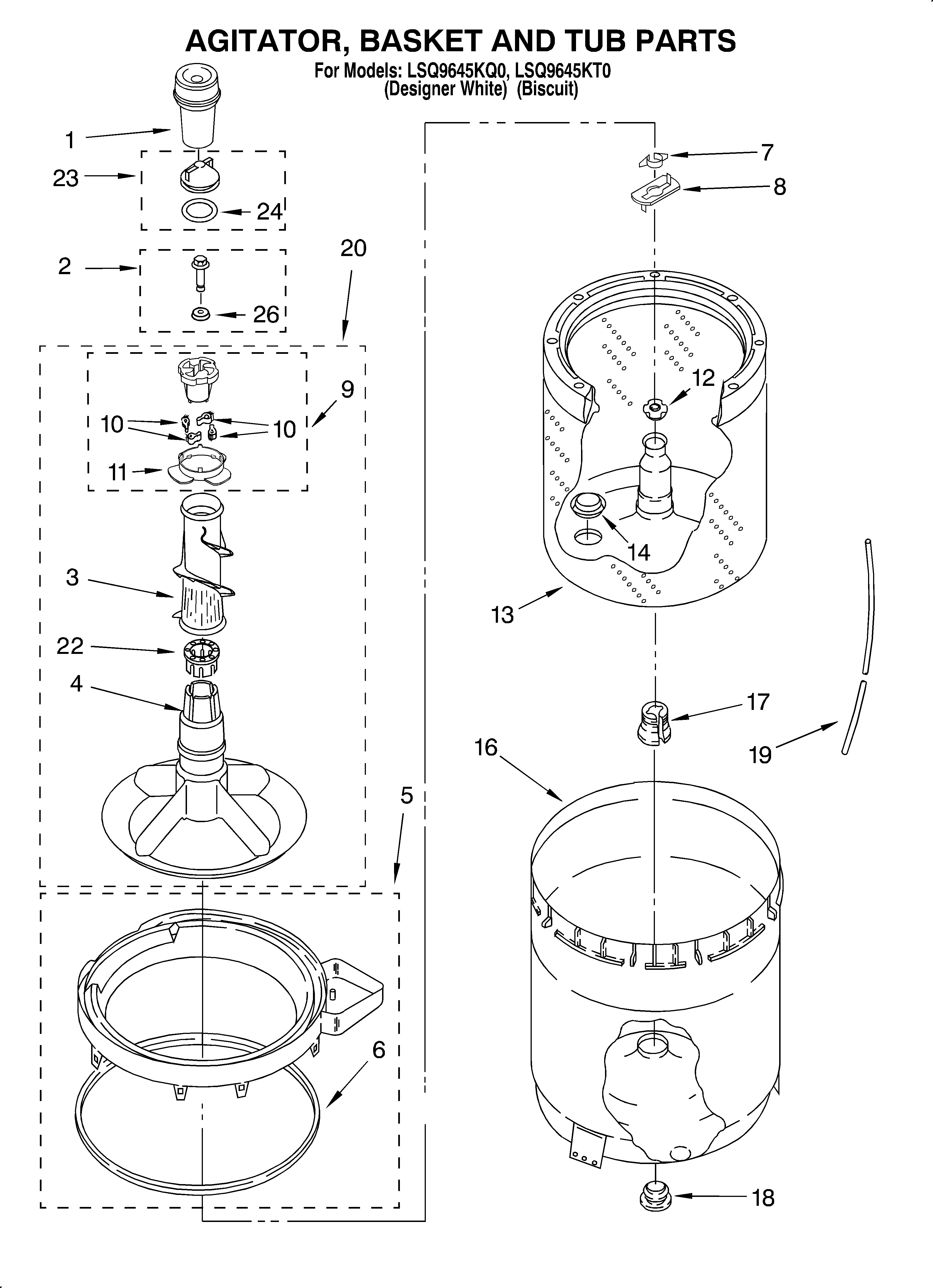 Agitator, basket and tub