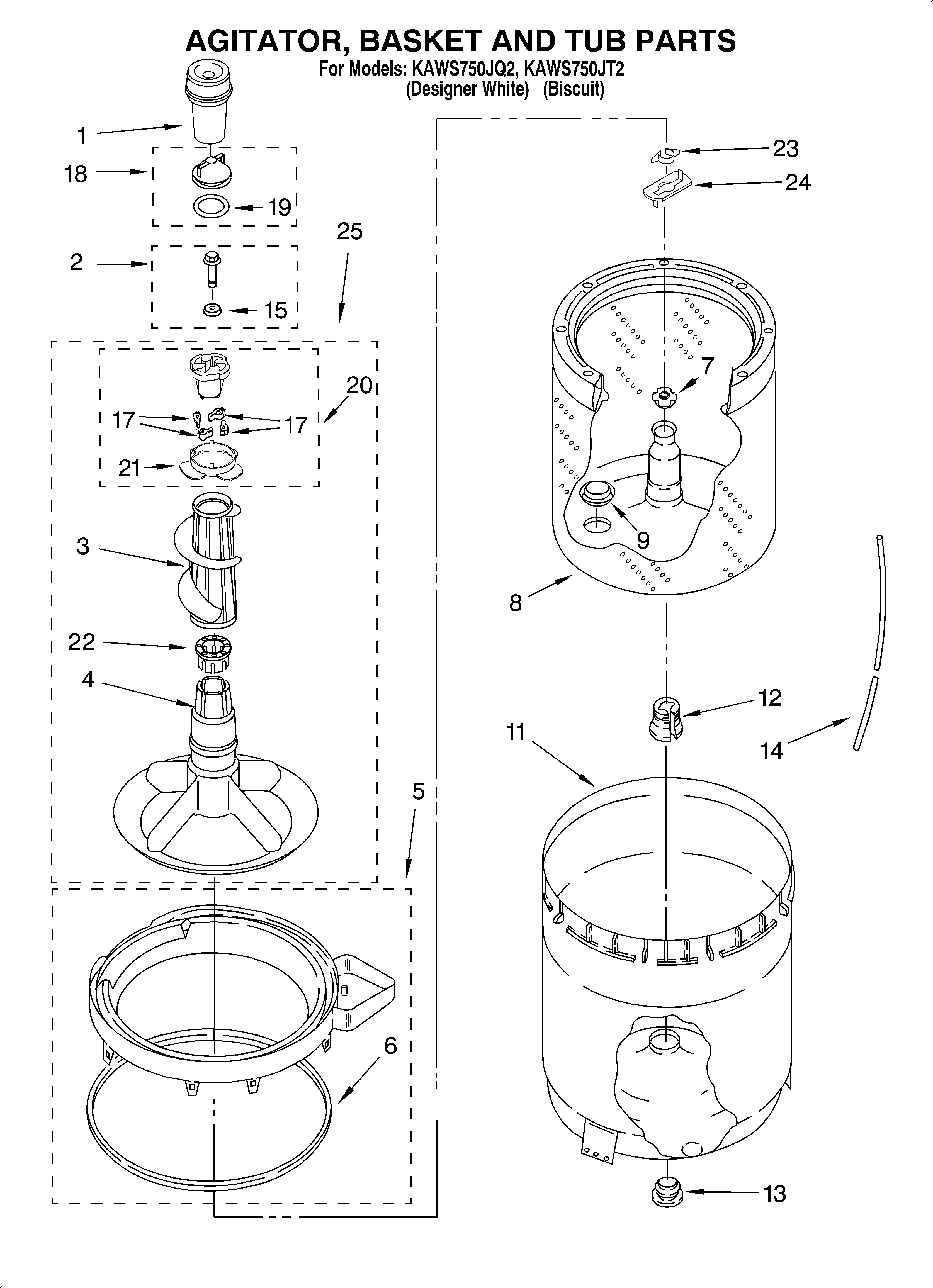 Agitator, basket and tub