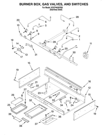 Burner box, gas valves, switches
