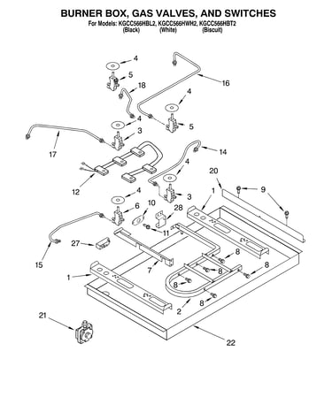 Burner box, gas valves, switches