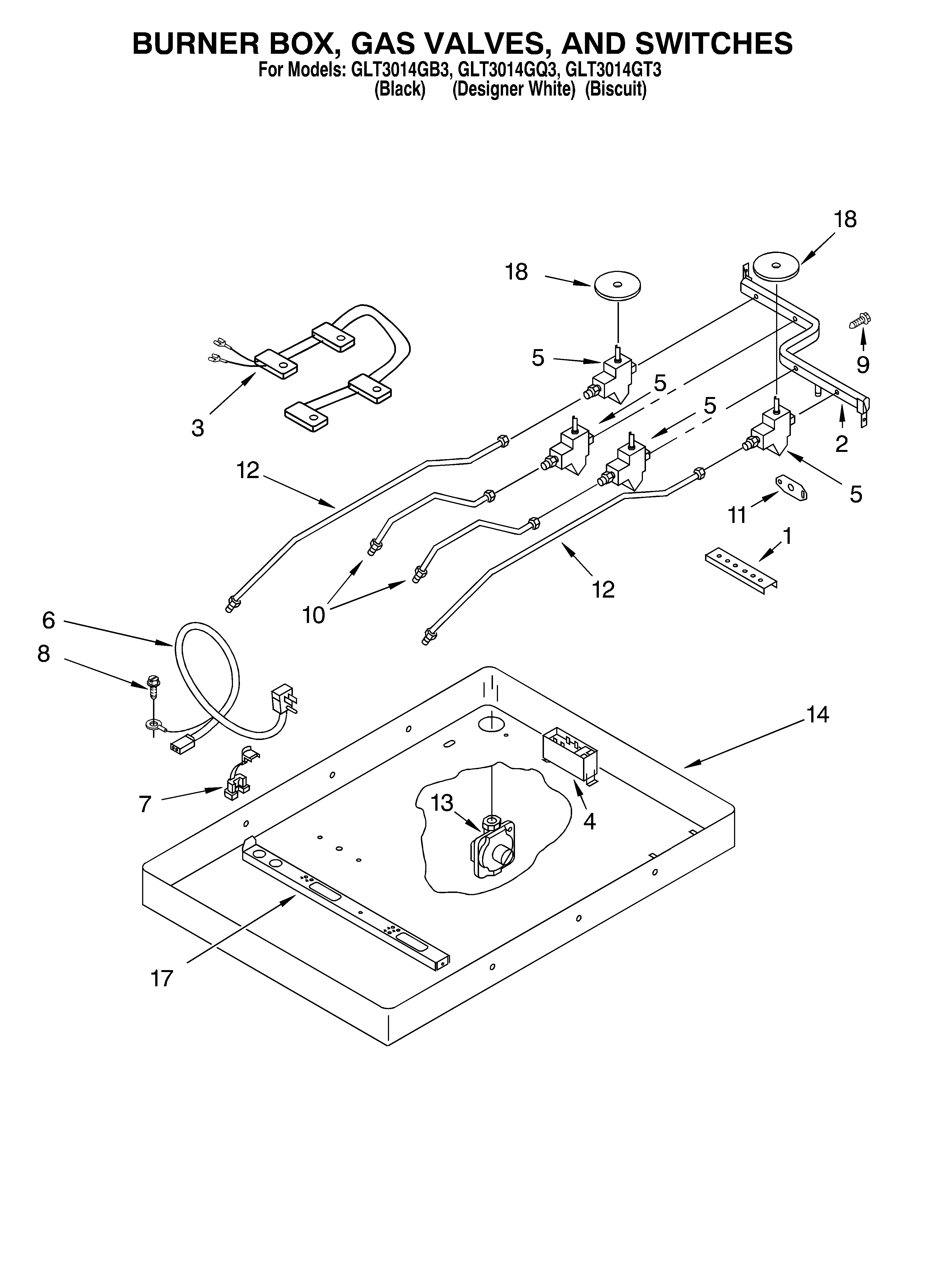 Burner box, gas valves, switches
