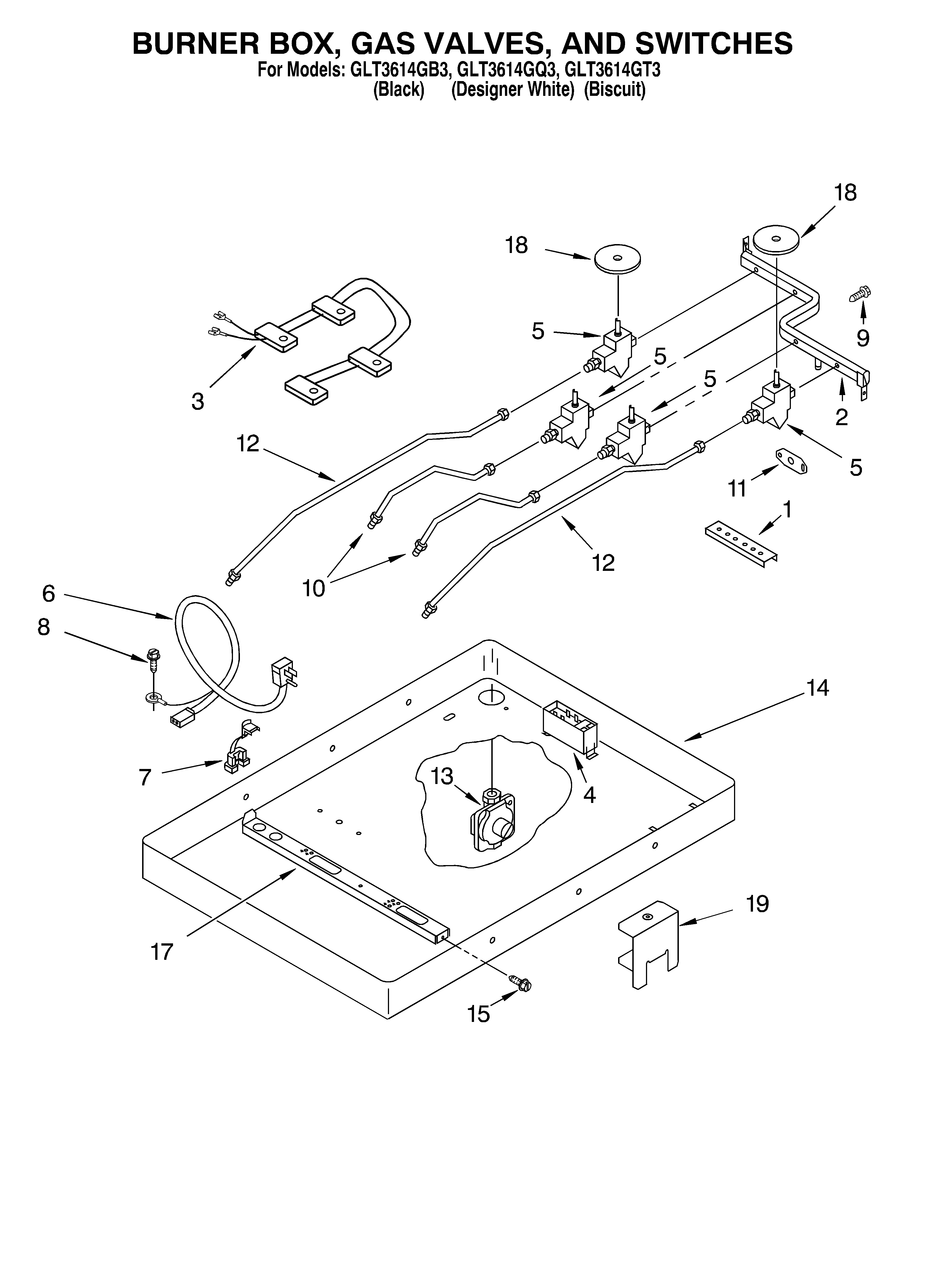 Burner box, gas valves, switches