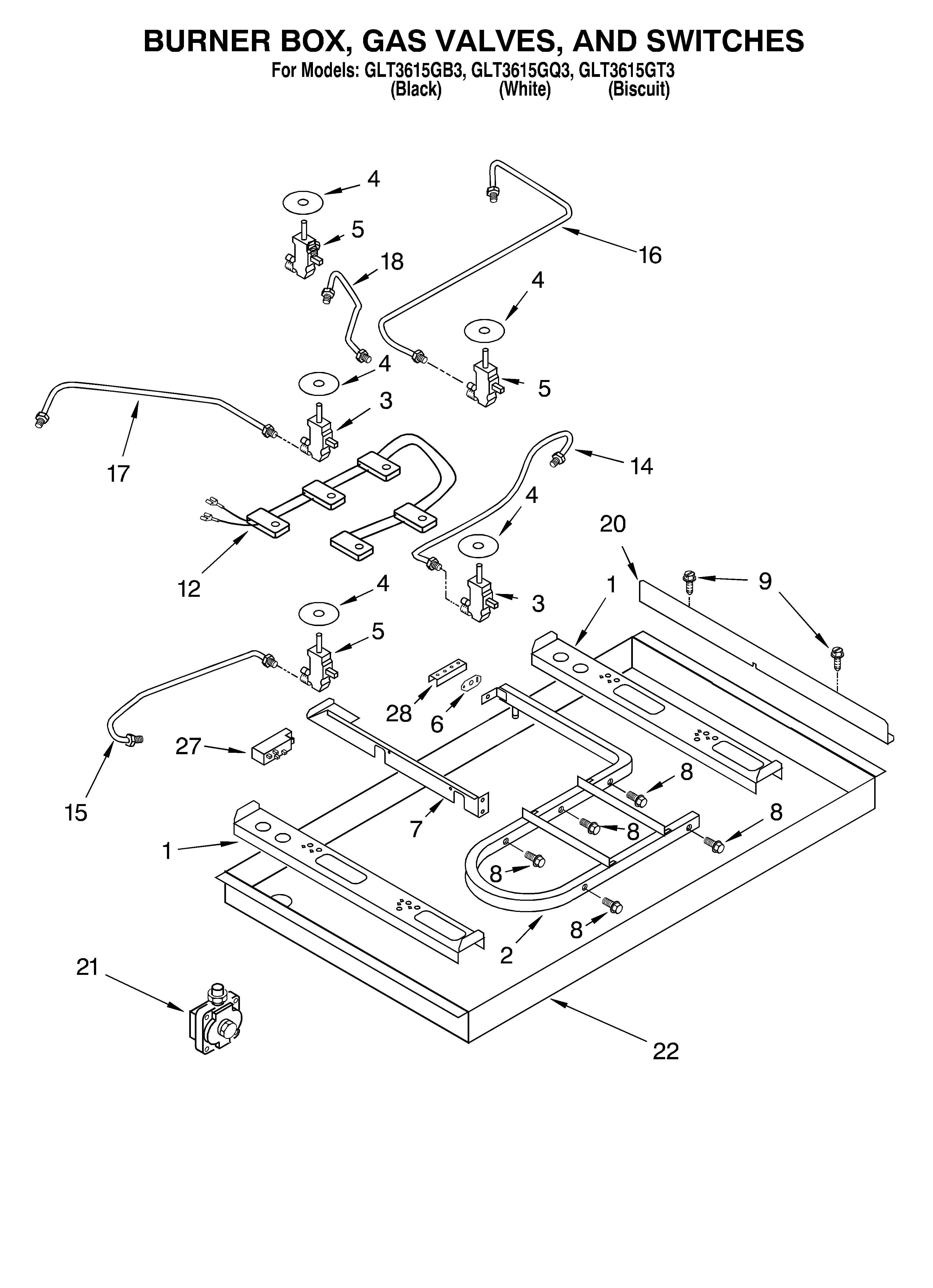 BURNER BOX, GAS VALVES, SWITCHES