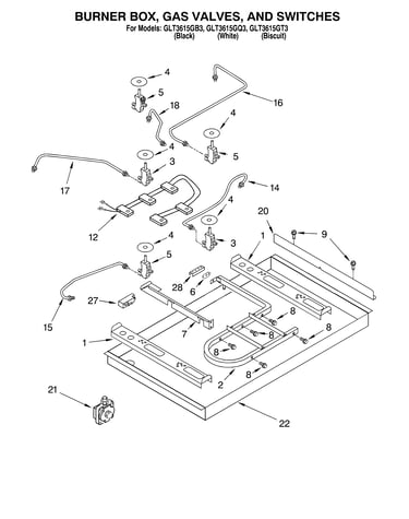 Burner box, gas valves, switches