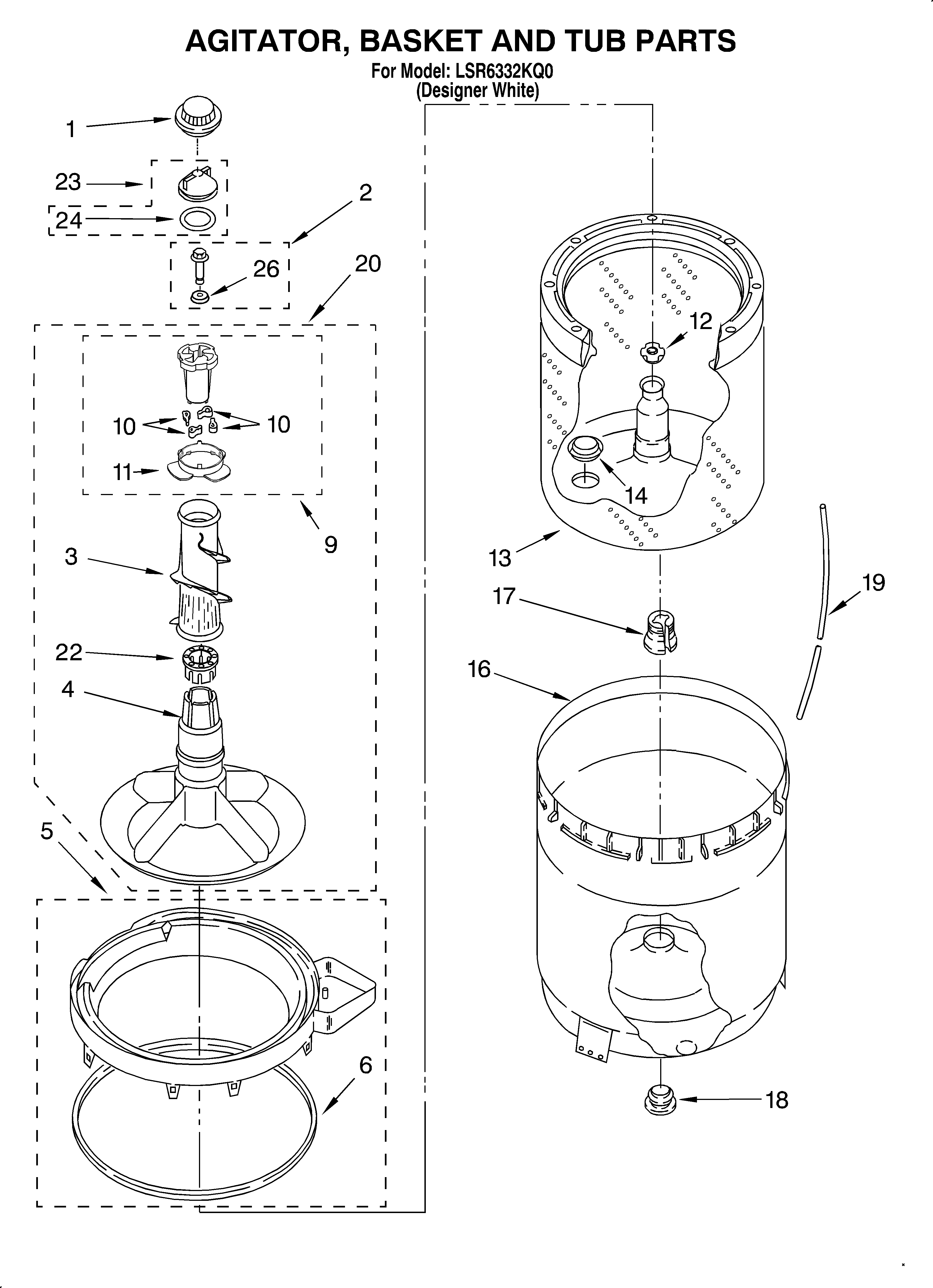 AGITATOR, BASKET AND TUB