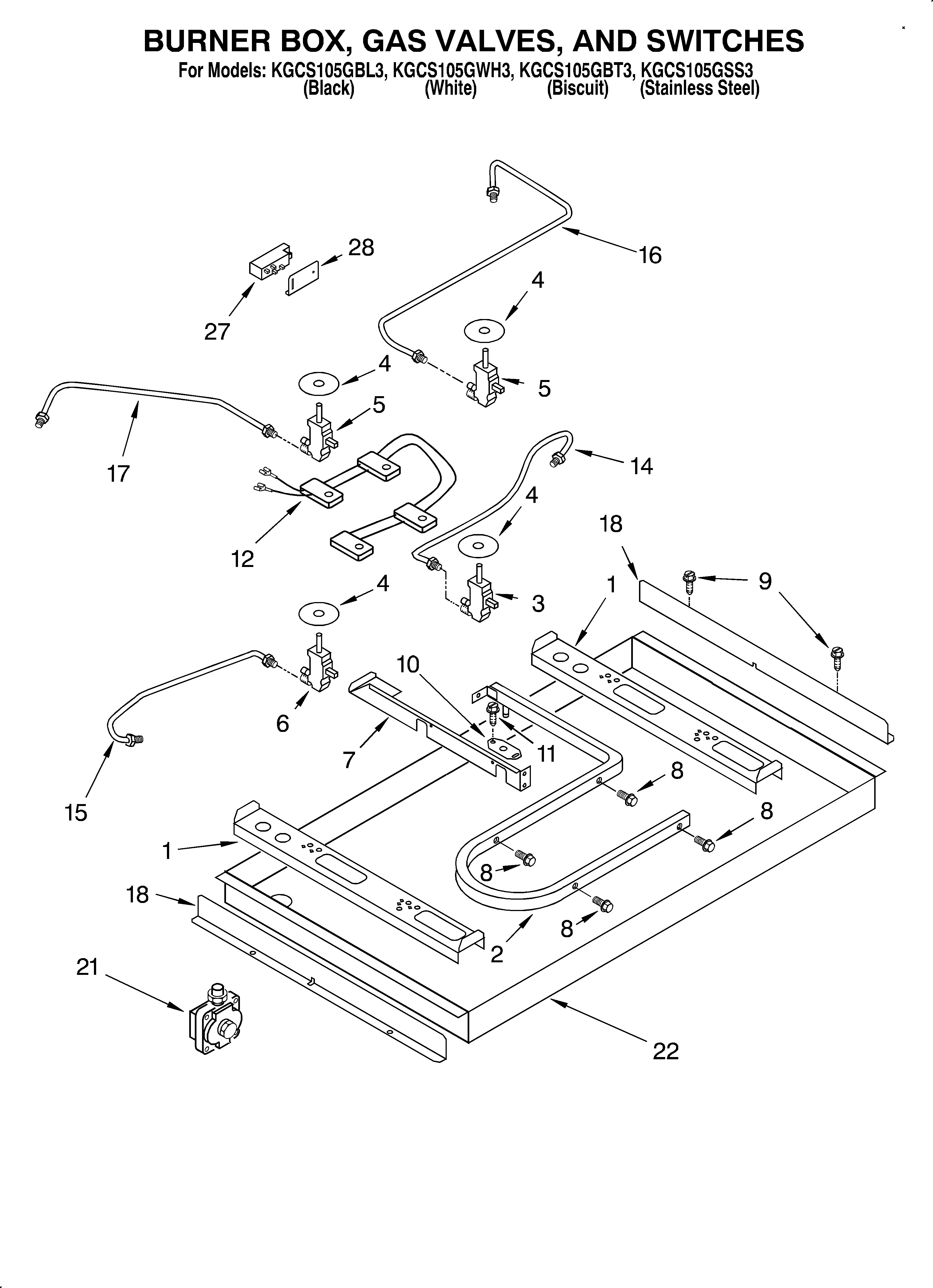 BURNER BOX, GAS VALVES, SWITCHES