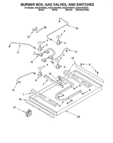Burner box, gas valves, switches