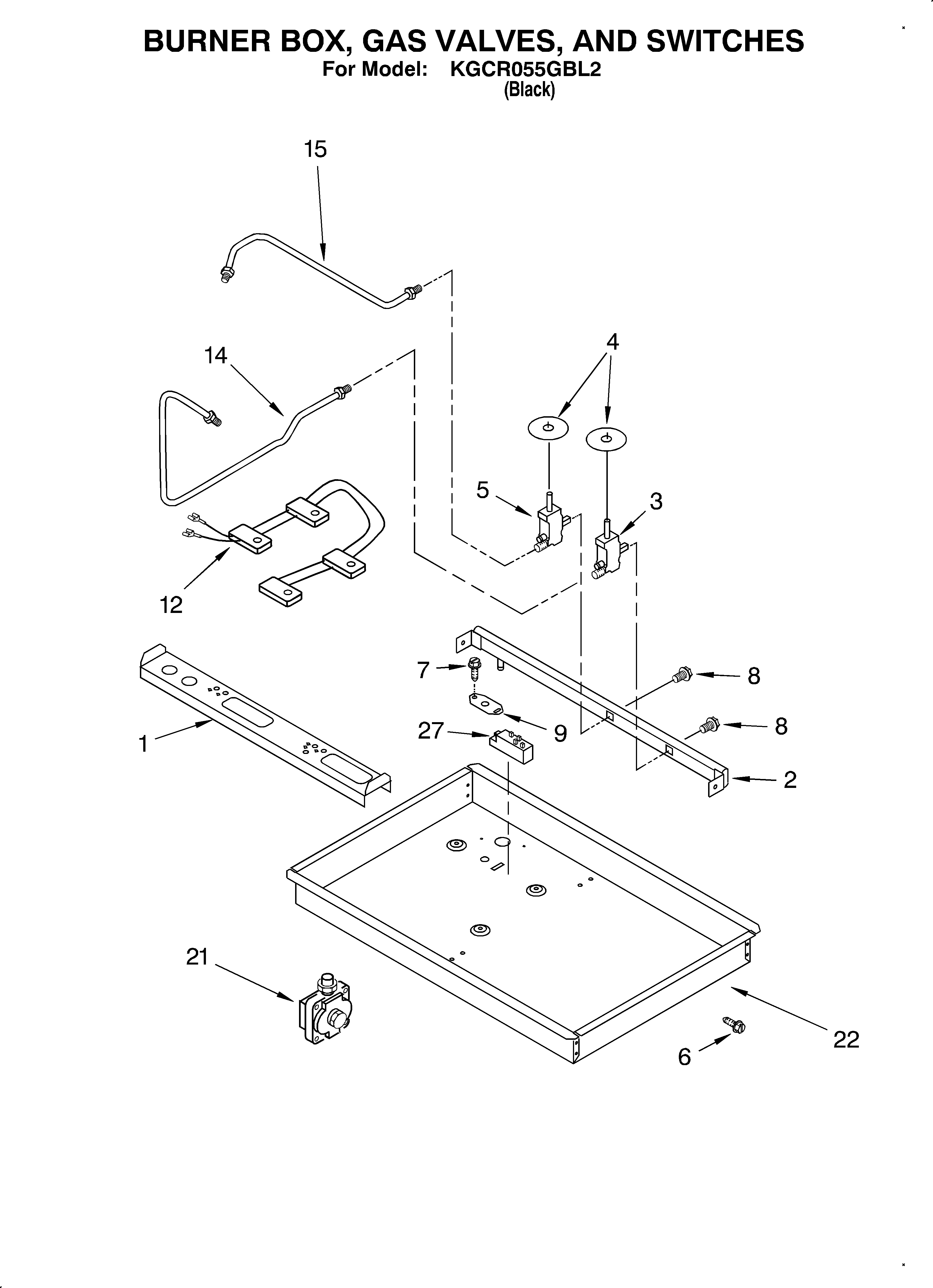 Burner box, gas valves, switches