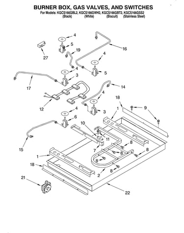 Burner box, gas valves, switches