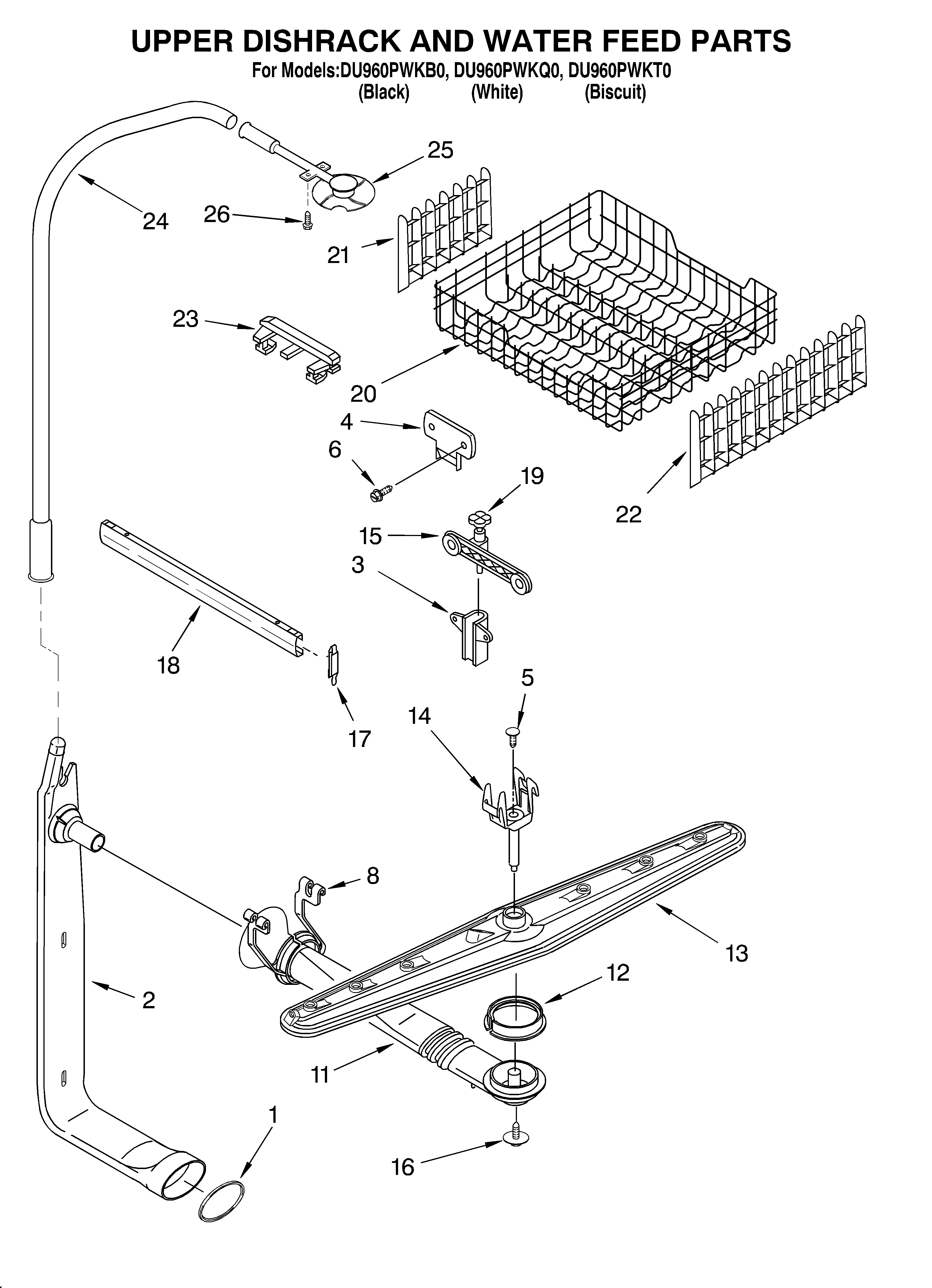 Upper dishrack and water feed