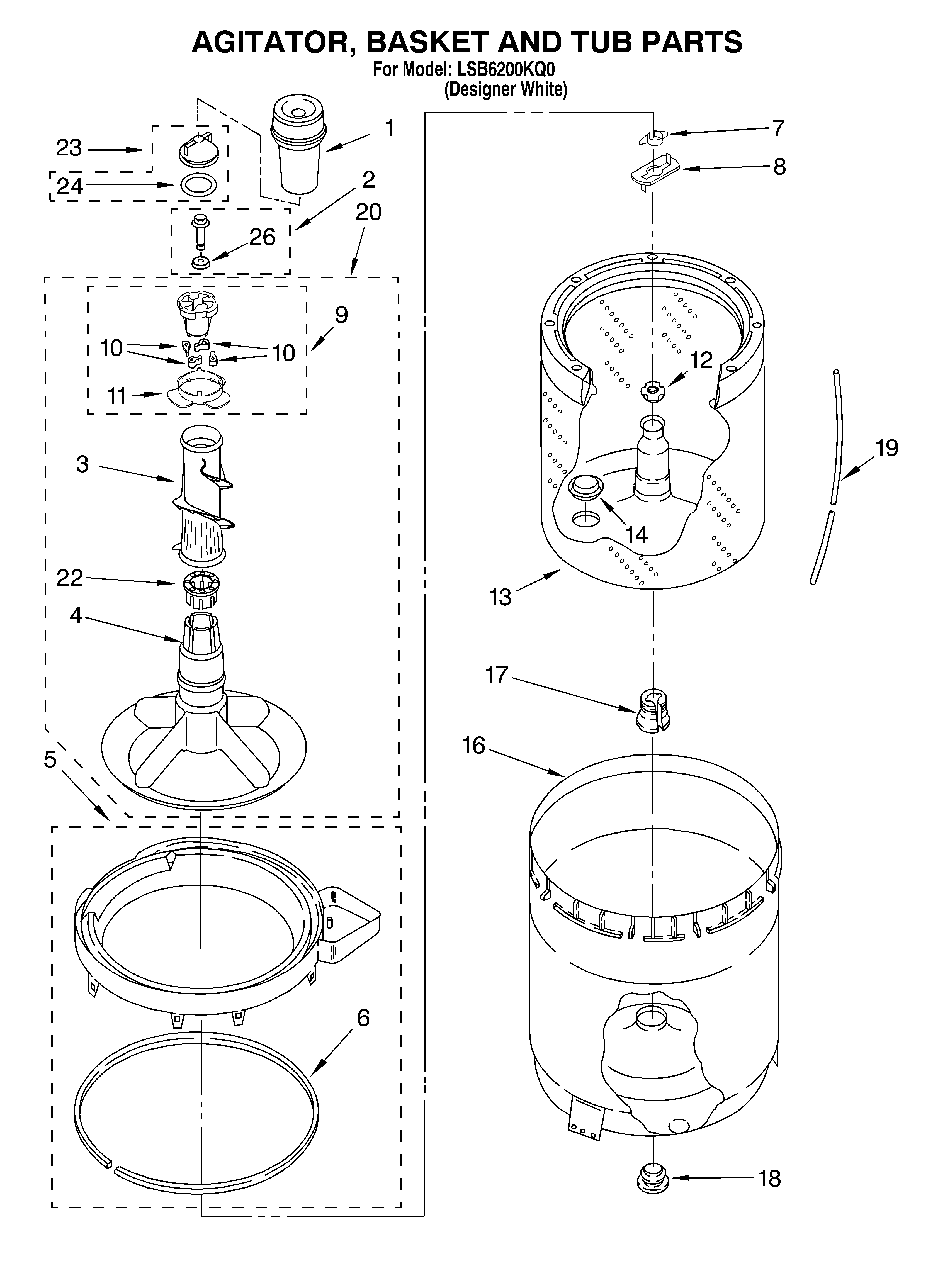 Agitator, basket and tub