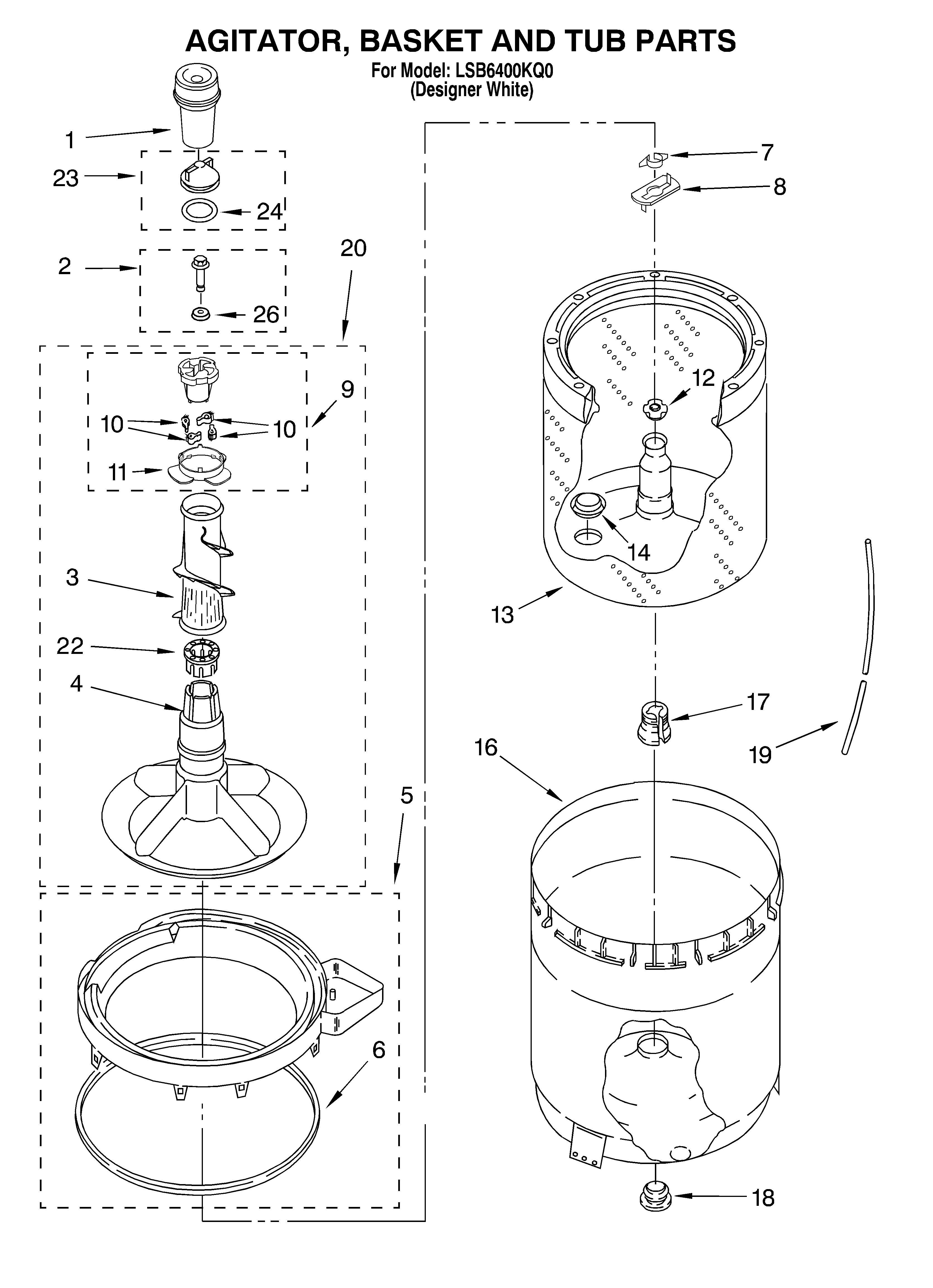 Agitator, basket and tub