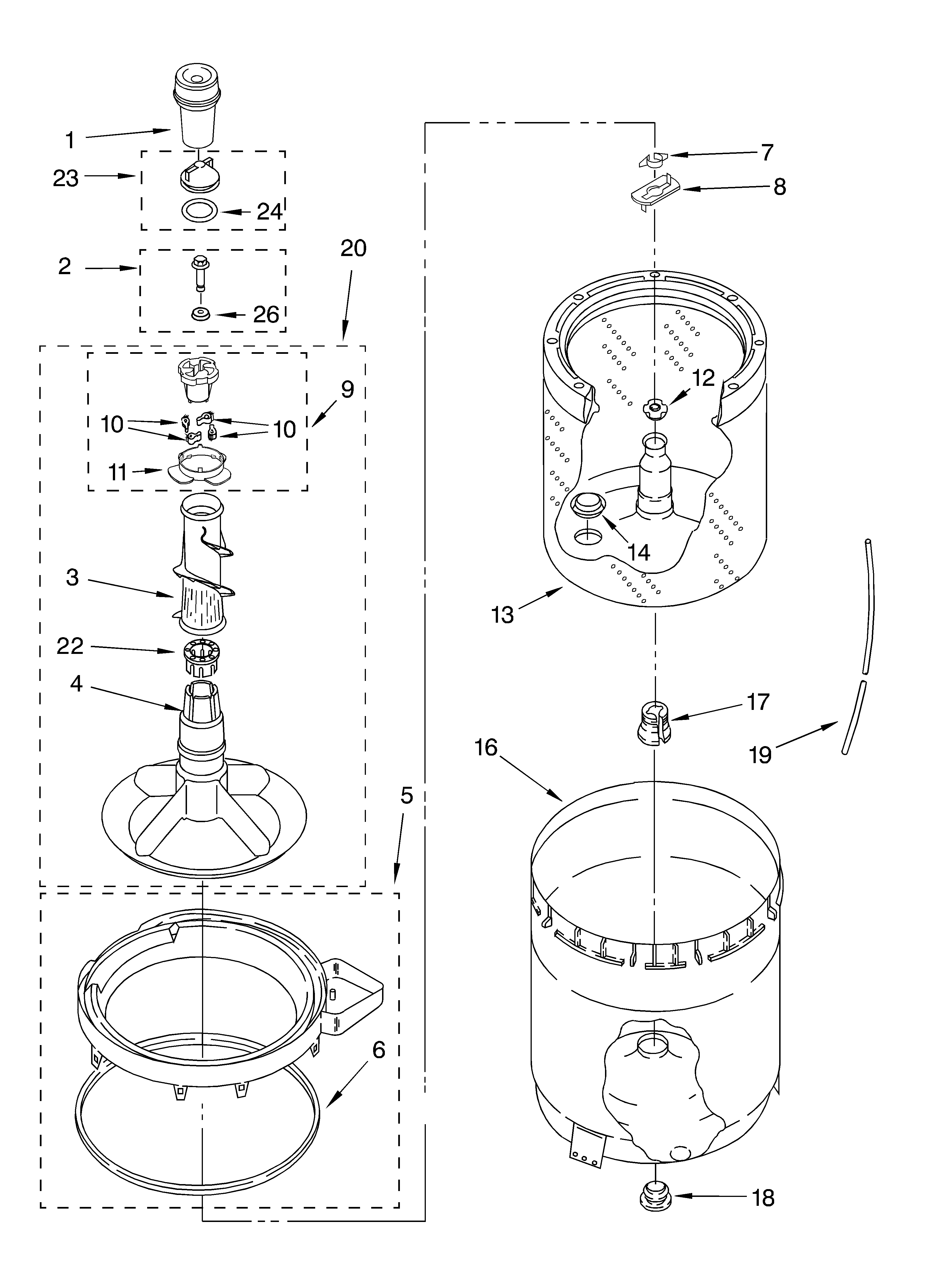 Agitator, basket and tub