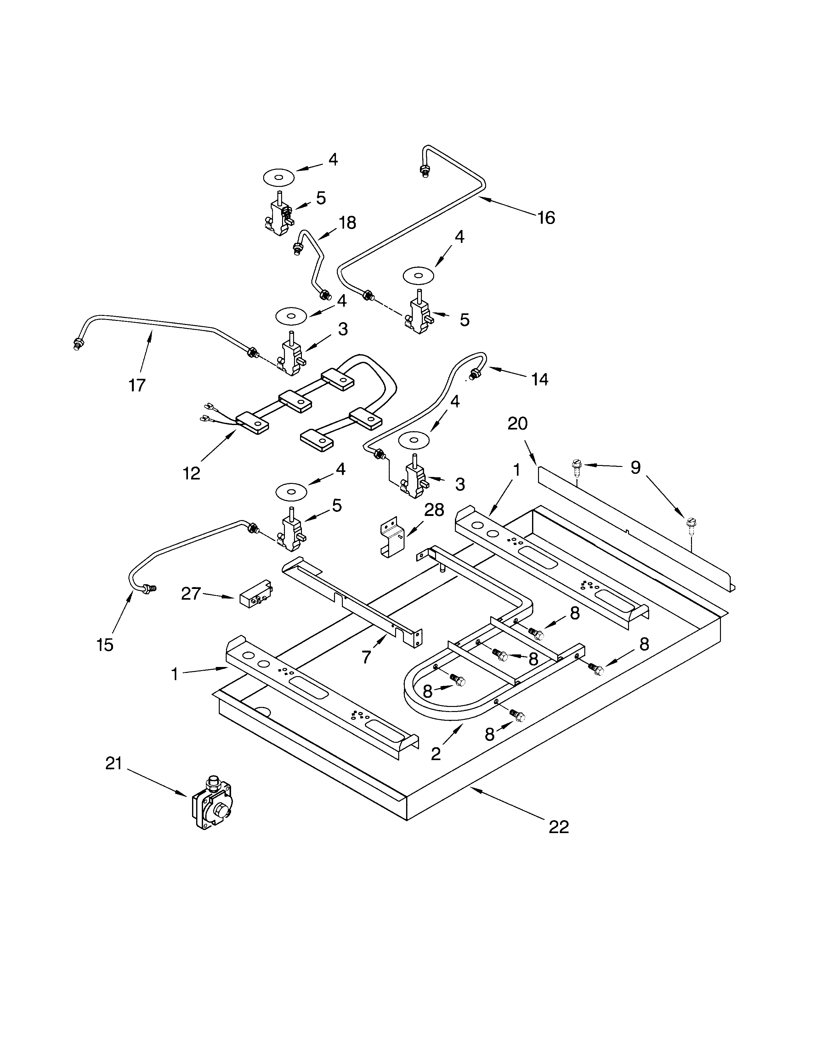 Burner box, gas valves, switches