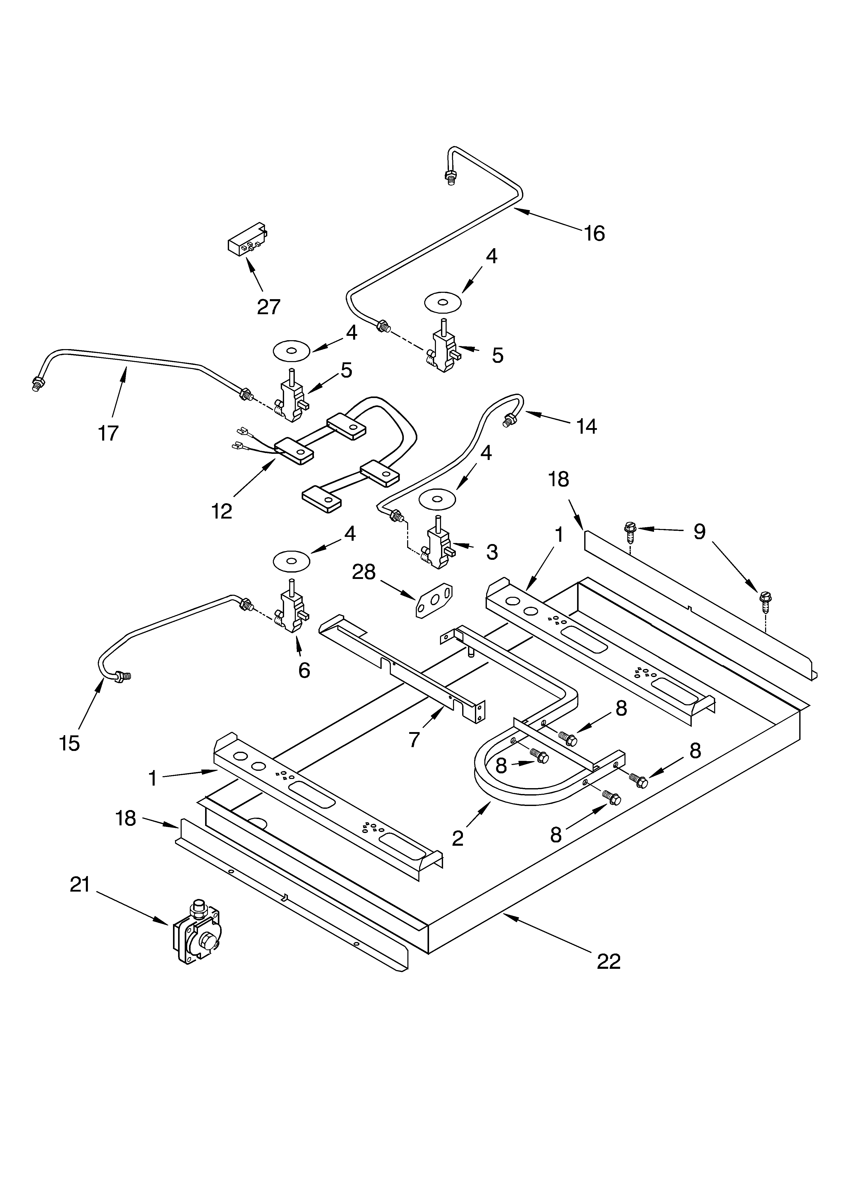 Burner box, gas valves and switches
