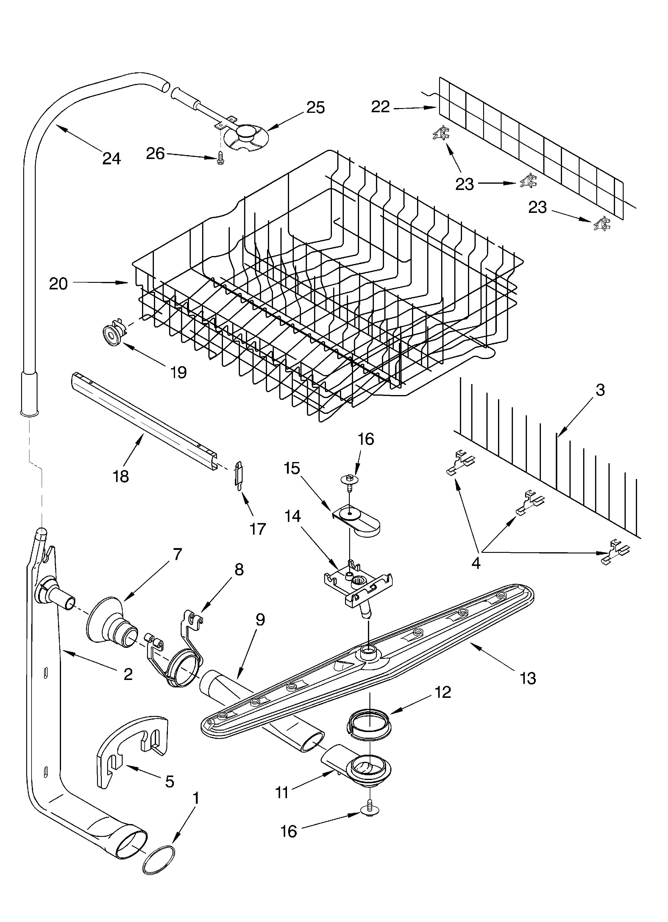Upper dishrack and water feed