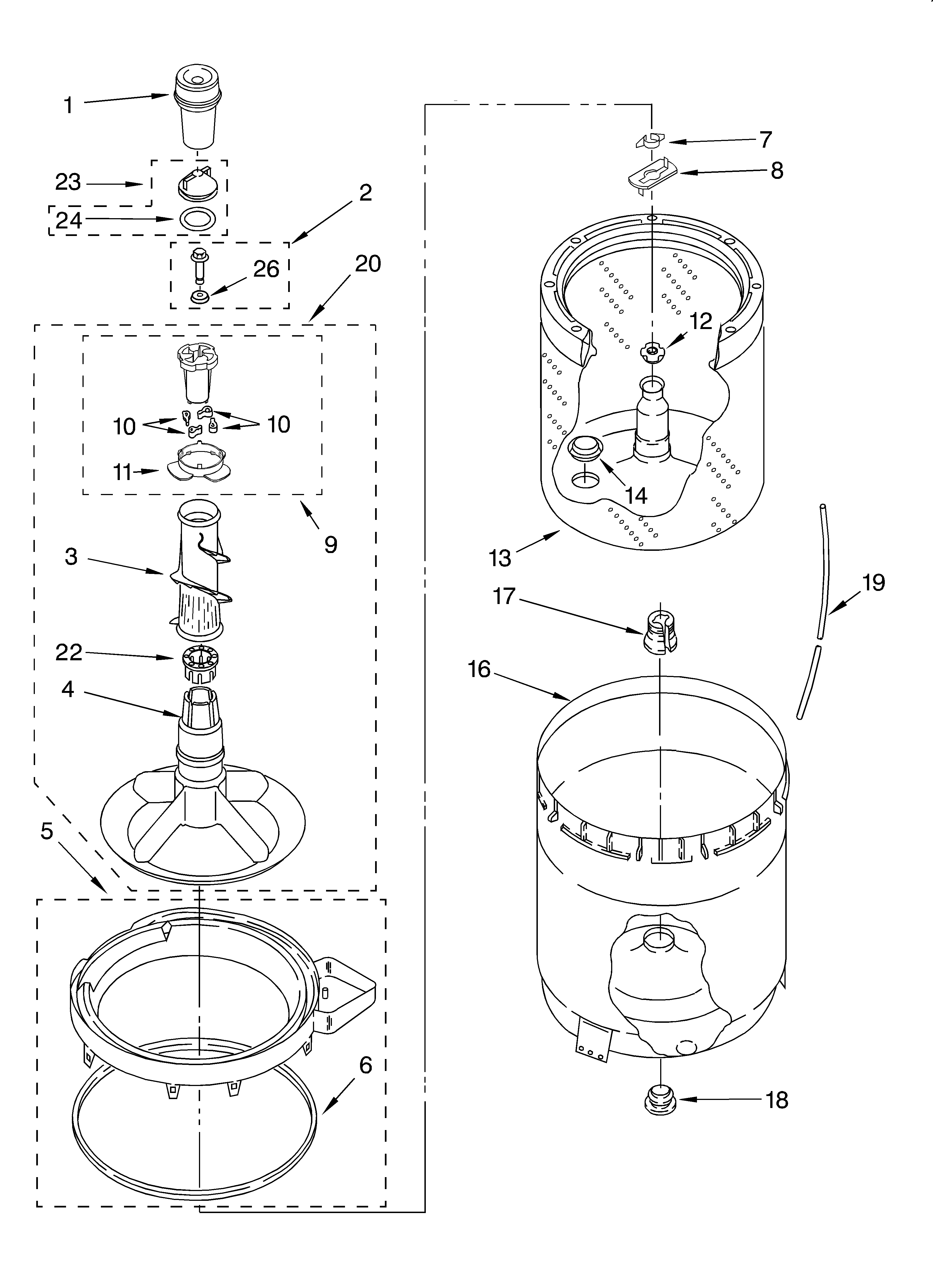 AGITATOR, BASKET AND TUB