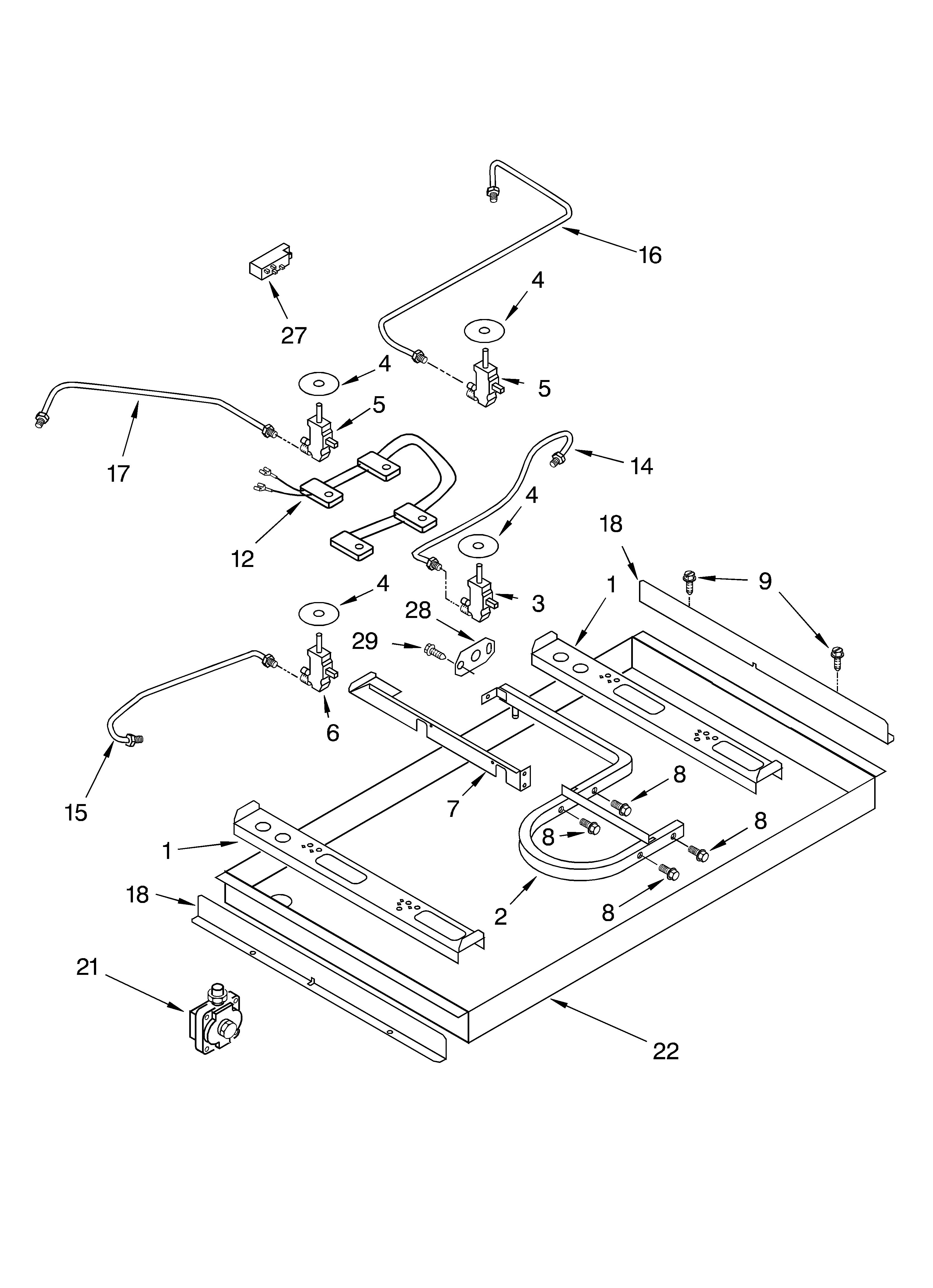 BURNER BOX, GAS VALVES AND SWITCHES