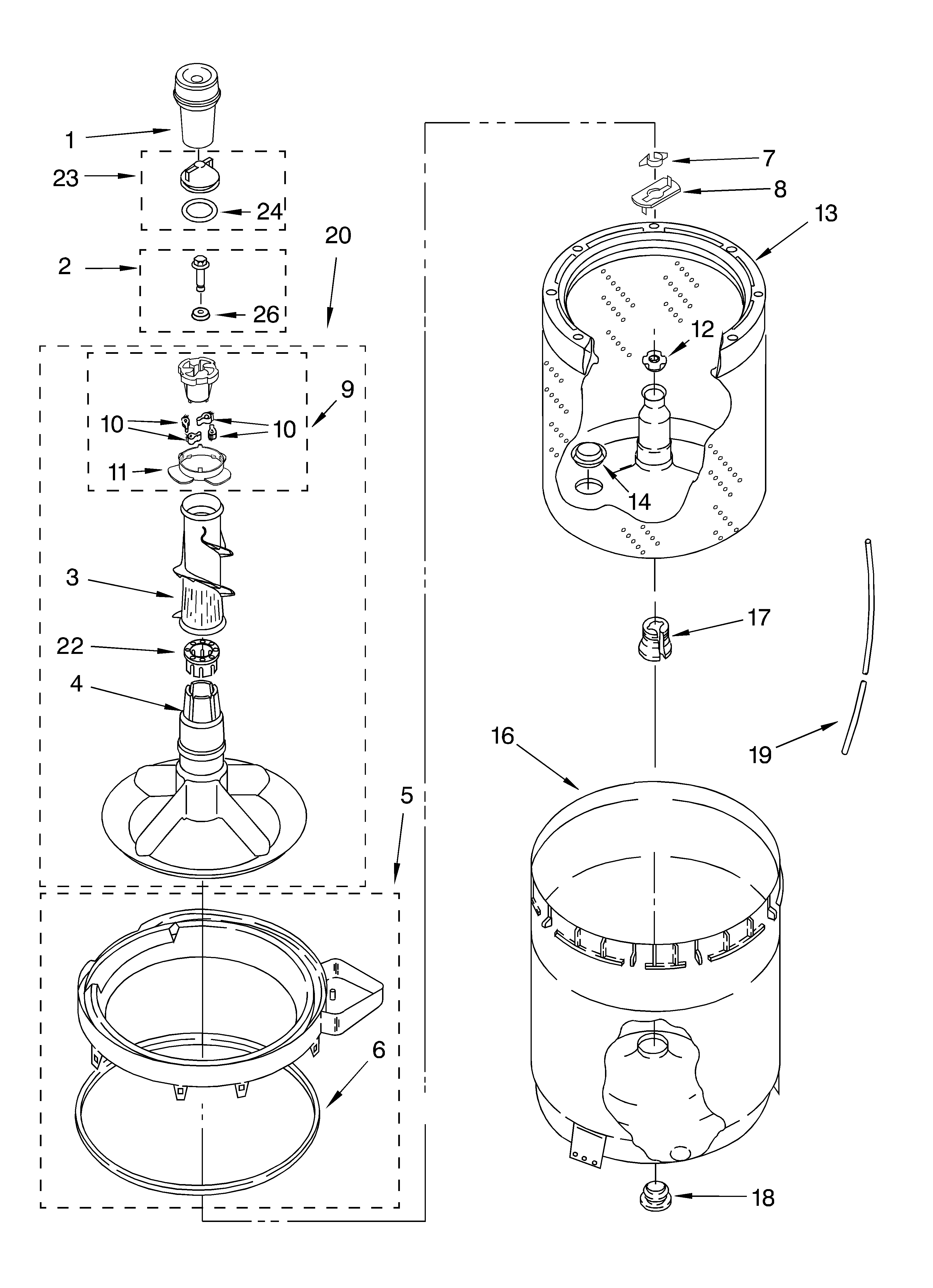 Agitator, basket and tub