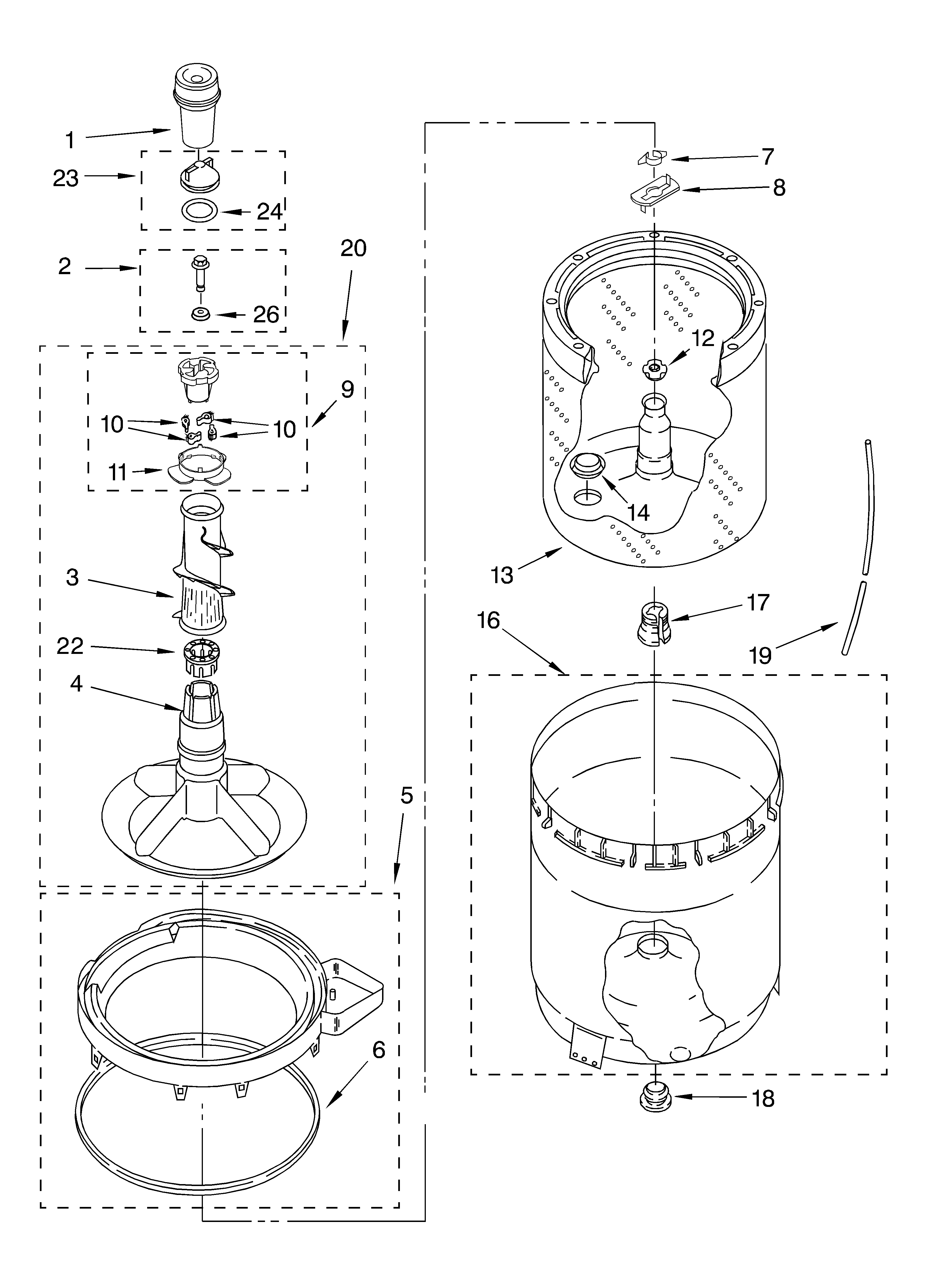 Agitator, basket and tub