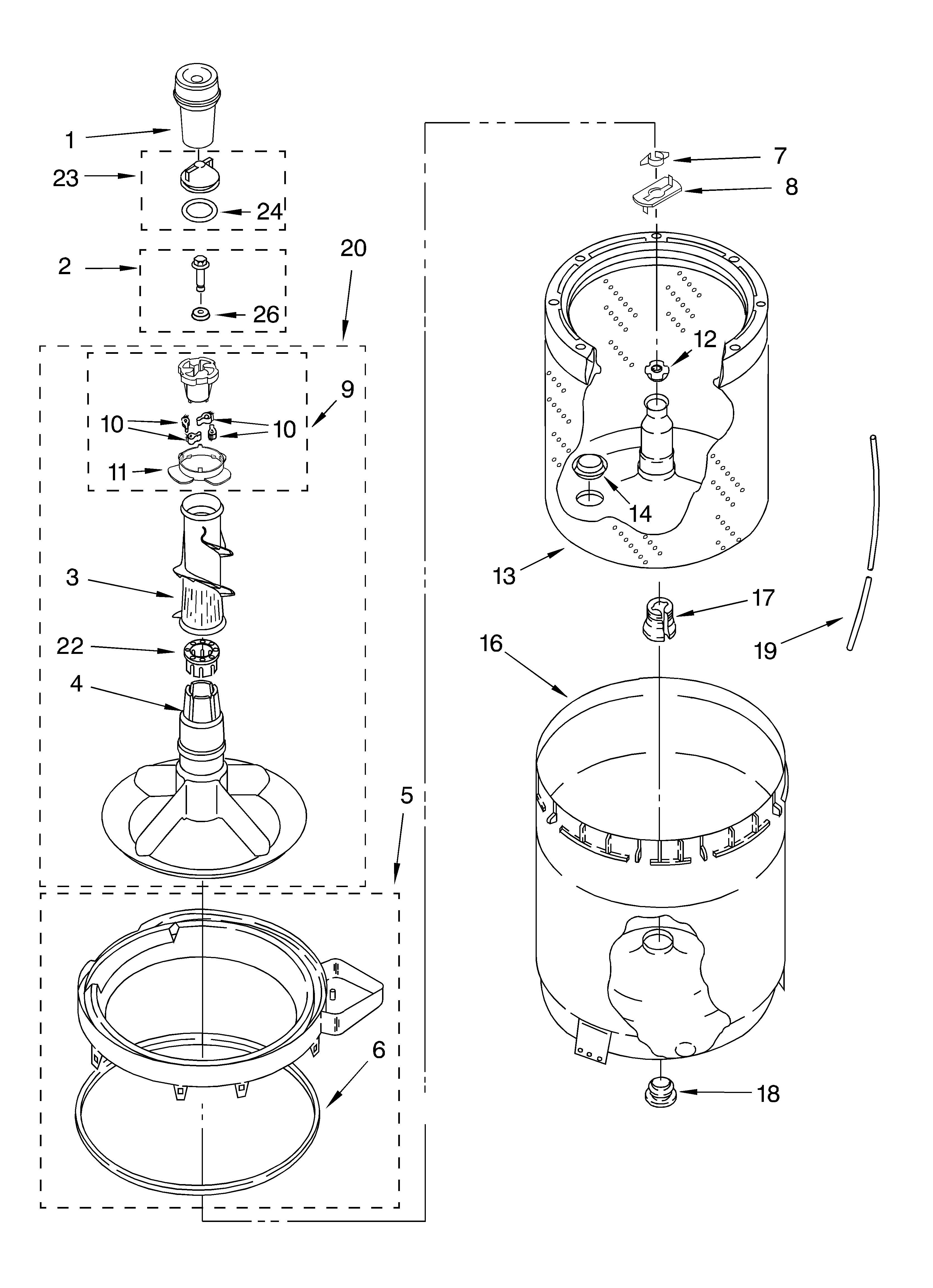 Agitator, basket and tub