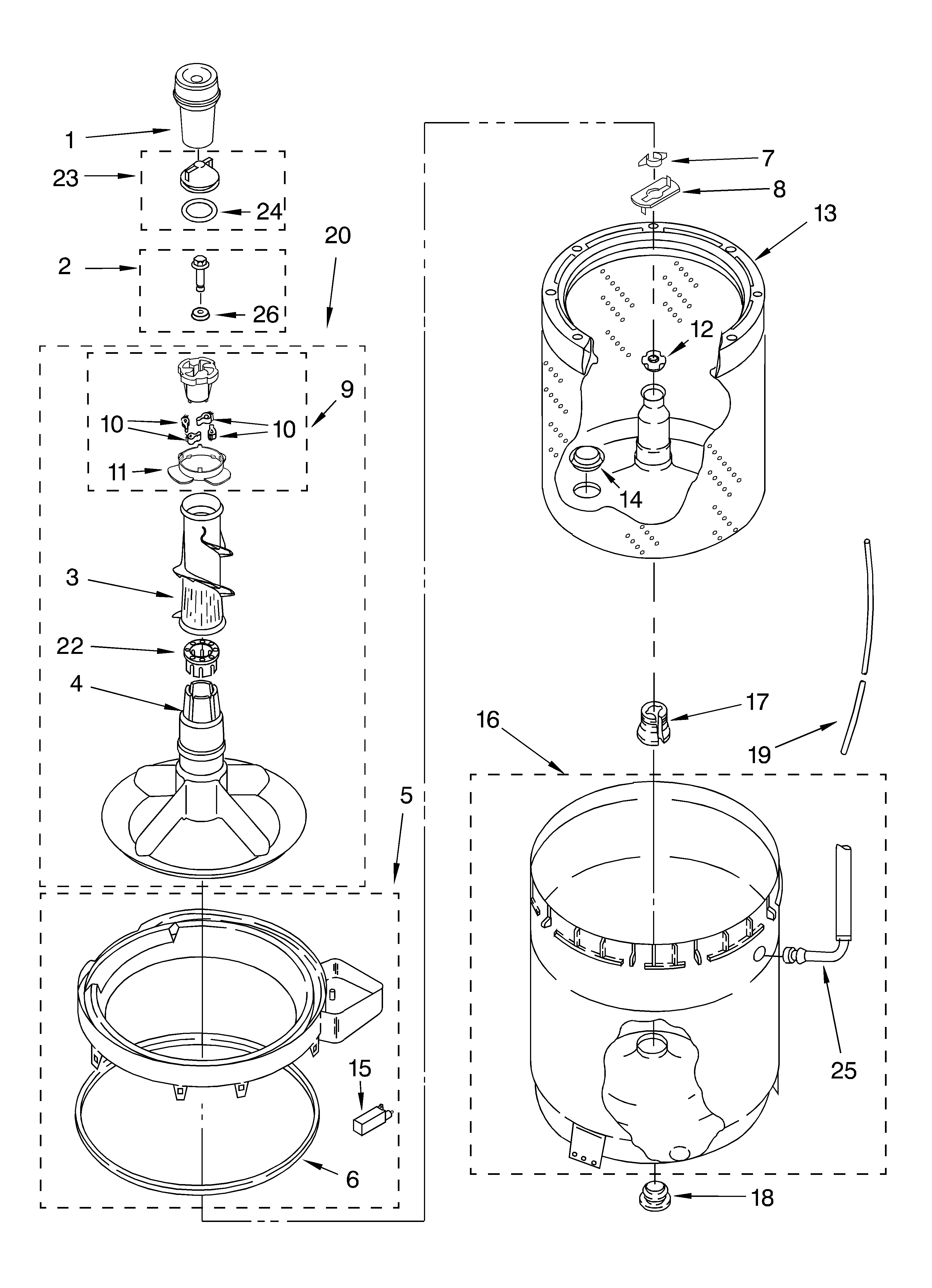 Agitator, basket and tub